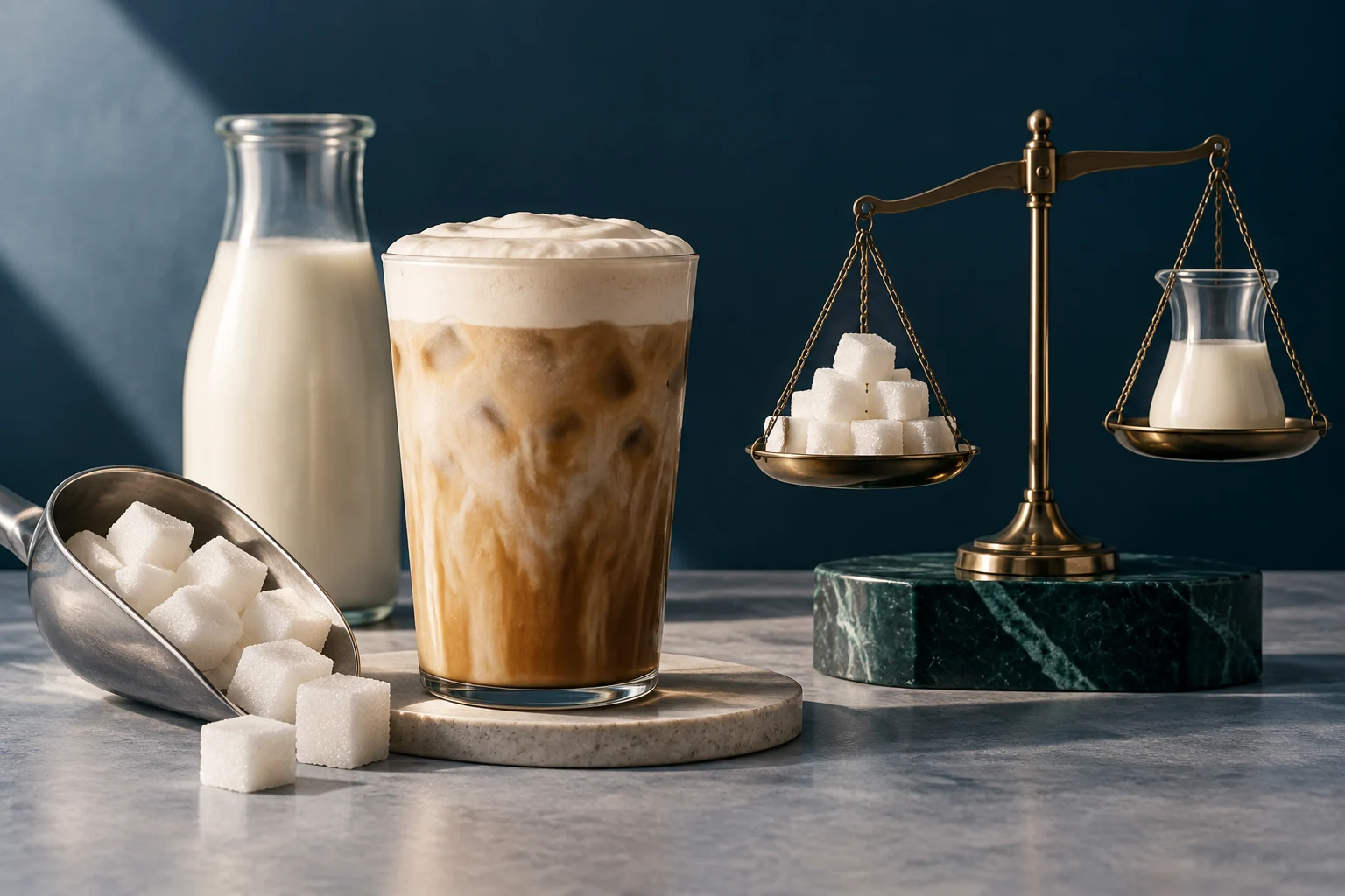 Ein Glas Eiskaffee mit Schaum steht neben einer Milchflasche und Zuckerwürfeln; auf einer Waagschale liegen mehrere Zuckerwürfel, auf der anderen eine kleine Milchflasche.