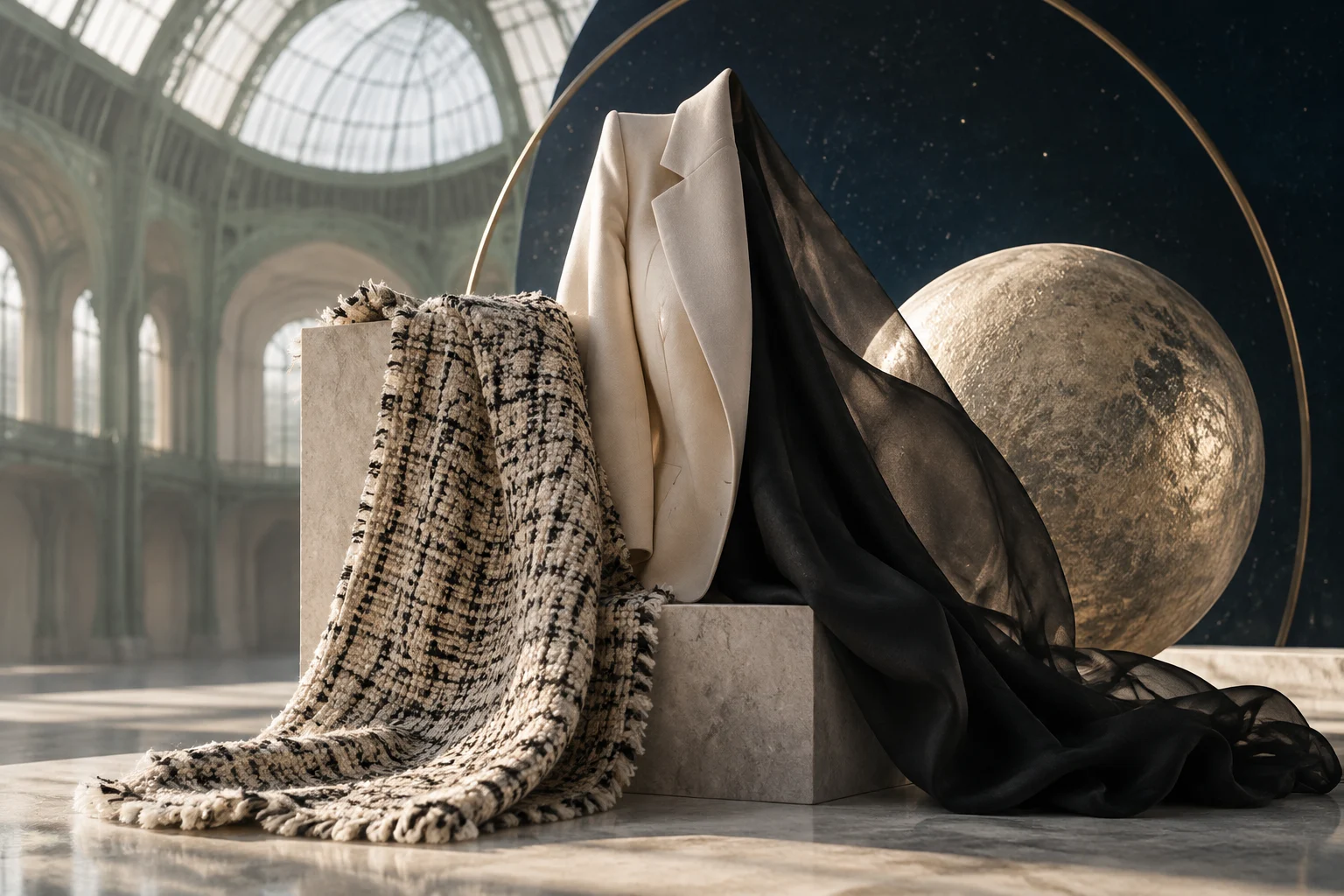 Eine helle Jacke und Tweedstoff liegen über Sockeln, neben fließendem schwarzem Stoff und einer planetenähnlichen Kugel in einer großen Halle mit Glasdach.