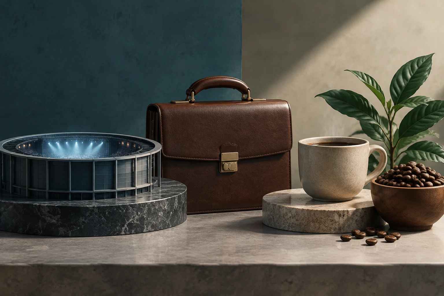 Konzeptionelles Stillleben mit einer beleuchteten runden Arena, einer Ledertasche, einer Tasse Kaffee, Kaffeebohnen und einer Pflanze.