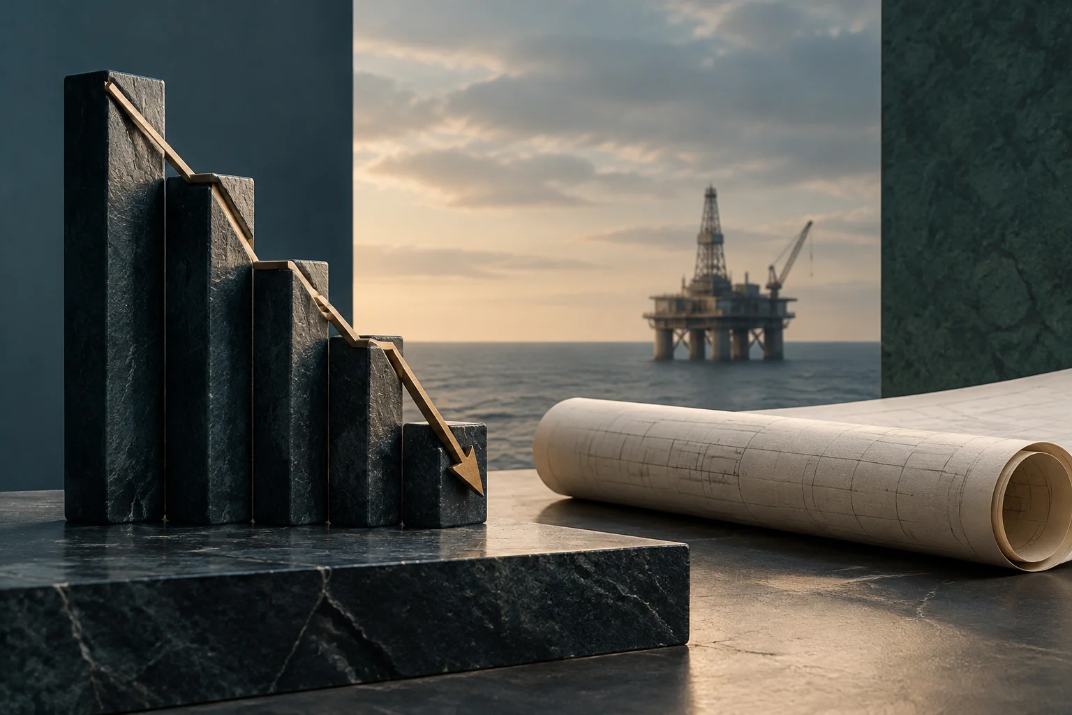 Dunkle Balken werden unter einem abwärts gerichteten Pfeil niedriger; im Hintergrund steht eine Offshore-Ölplattform, rechts liegt ein aufgerollter Bauplan.