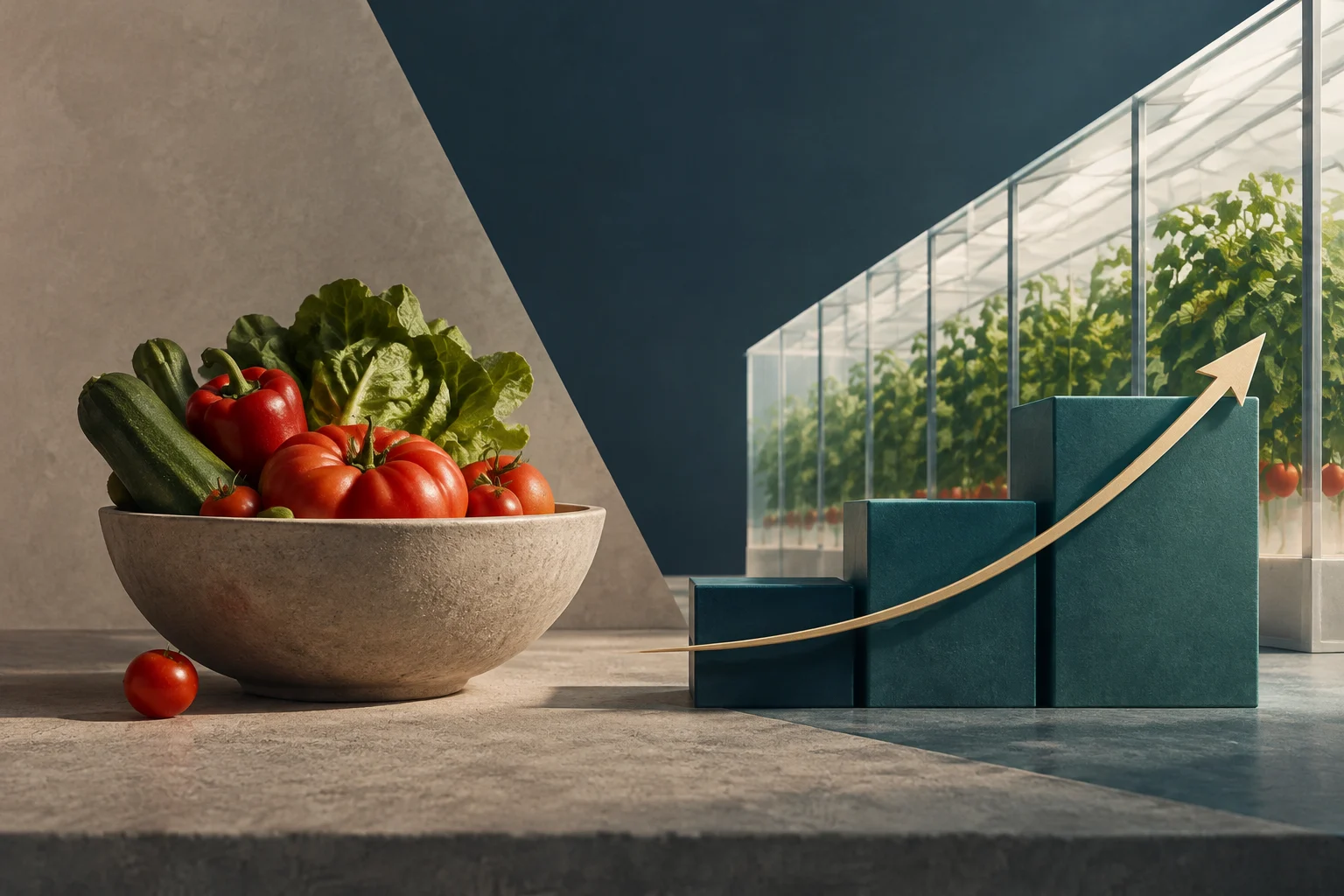 Eine Schale mit Tomaten, Paprika, Zucchini und Blattgemüse steht vor einem Gewächshaus; rechts steigt ein goldener Pfeil über drei abgestuften Blöcken nach oben.