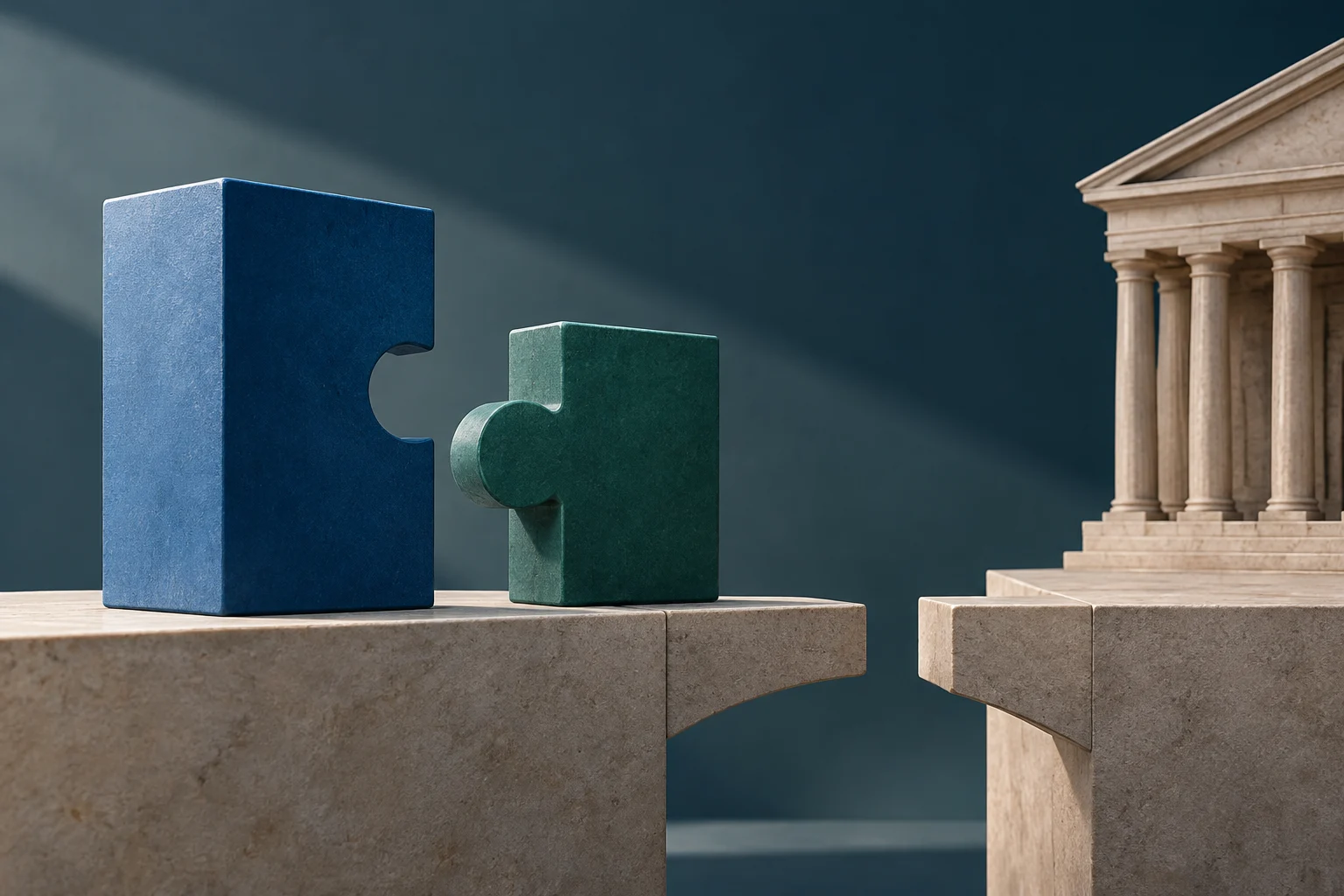 Zwei Puzzleteile, ein großes blaues und ein kleineres grünes, stehen sich auf steinernen Plattformen neben einem klassischen Gebäude mit Säulen gegenüber.