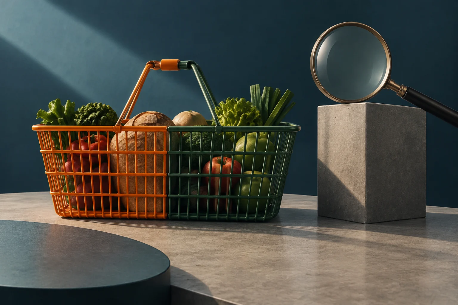 Zwei Einkaufskörbe, einer orange und einer grün, sind miteinander verbunden und mit Obst und Gemüse gefüllt. Daneben liegt eine Lupe auf einem Steinblock.