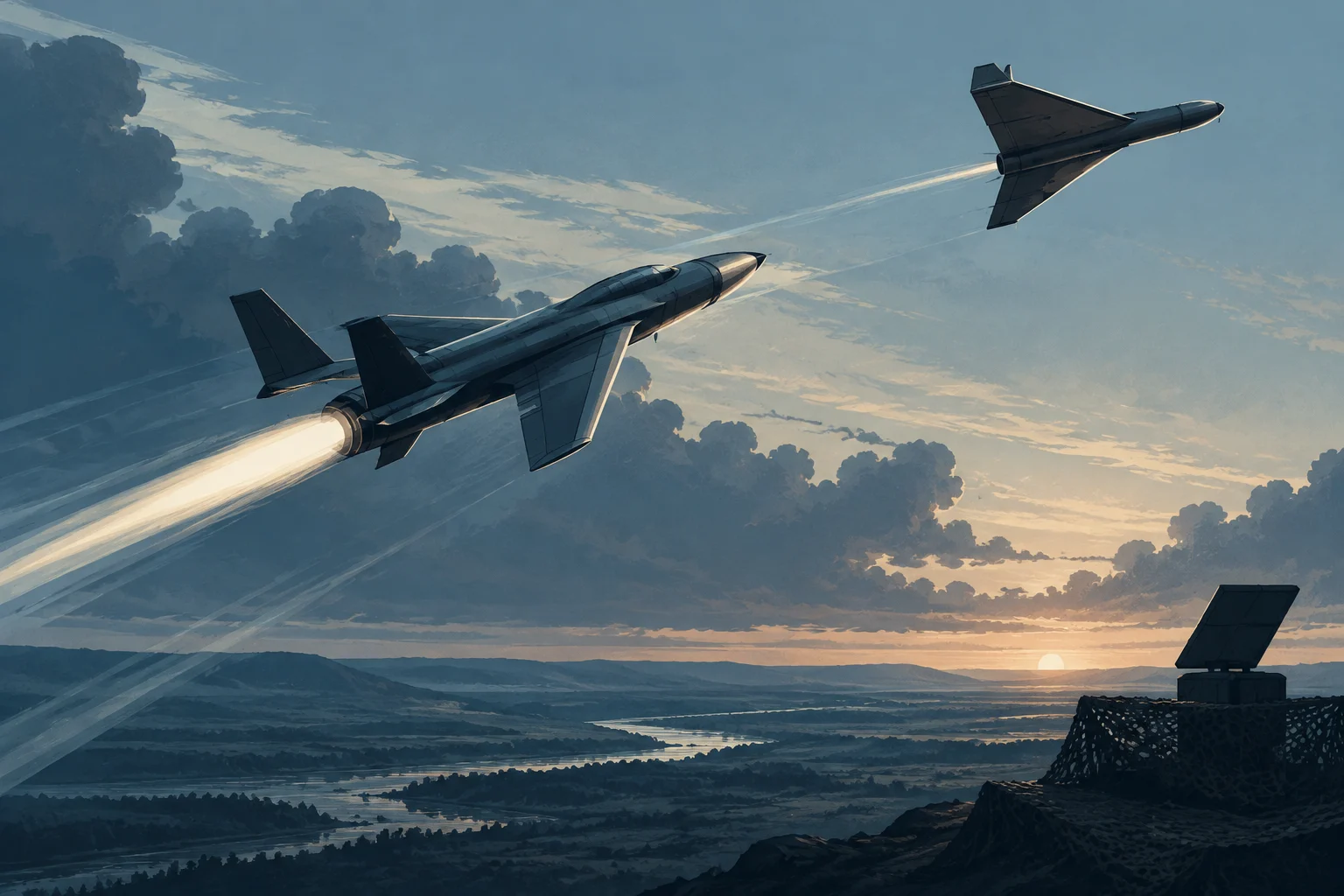 Illustration von zwei düsengetriebenen unbemannten Fluggeräten, die bei Sonnenuntergang zwischen Wolken fliegen, mit einer Radaranlage am Boden.