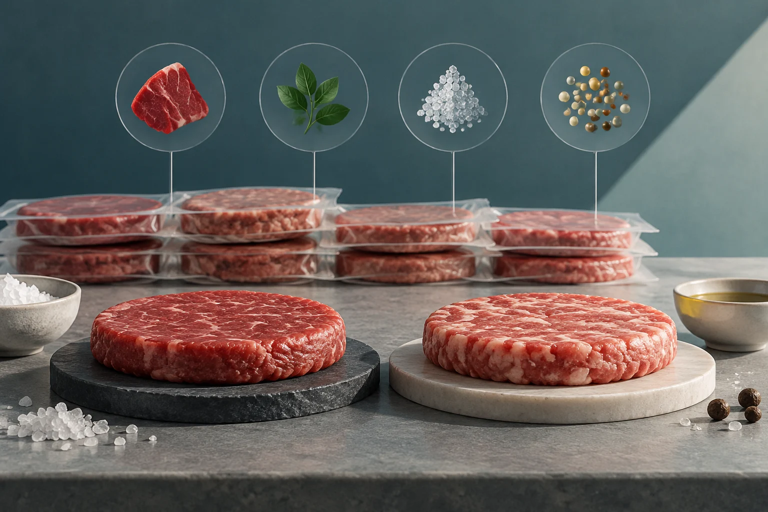 Mehrere rohe Rindfleisch-Burger, einige in durchsichtigen Schalen, neben zwei großen Patties auf runden Unterlagen. Darüber zeigen Kreise Fleisch, Blätter, Salzkristalle und kleine Kugeln; auf dem Tisch liegen Salz und Gewürze.