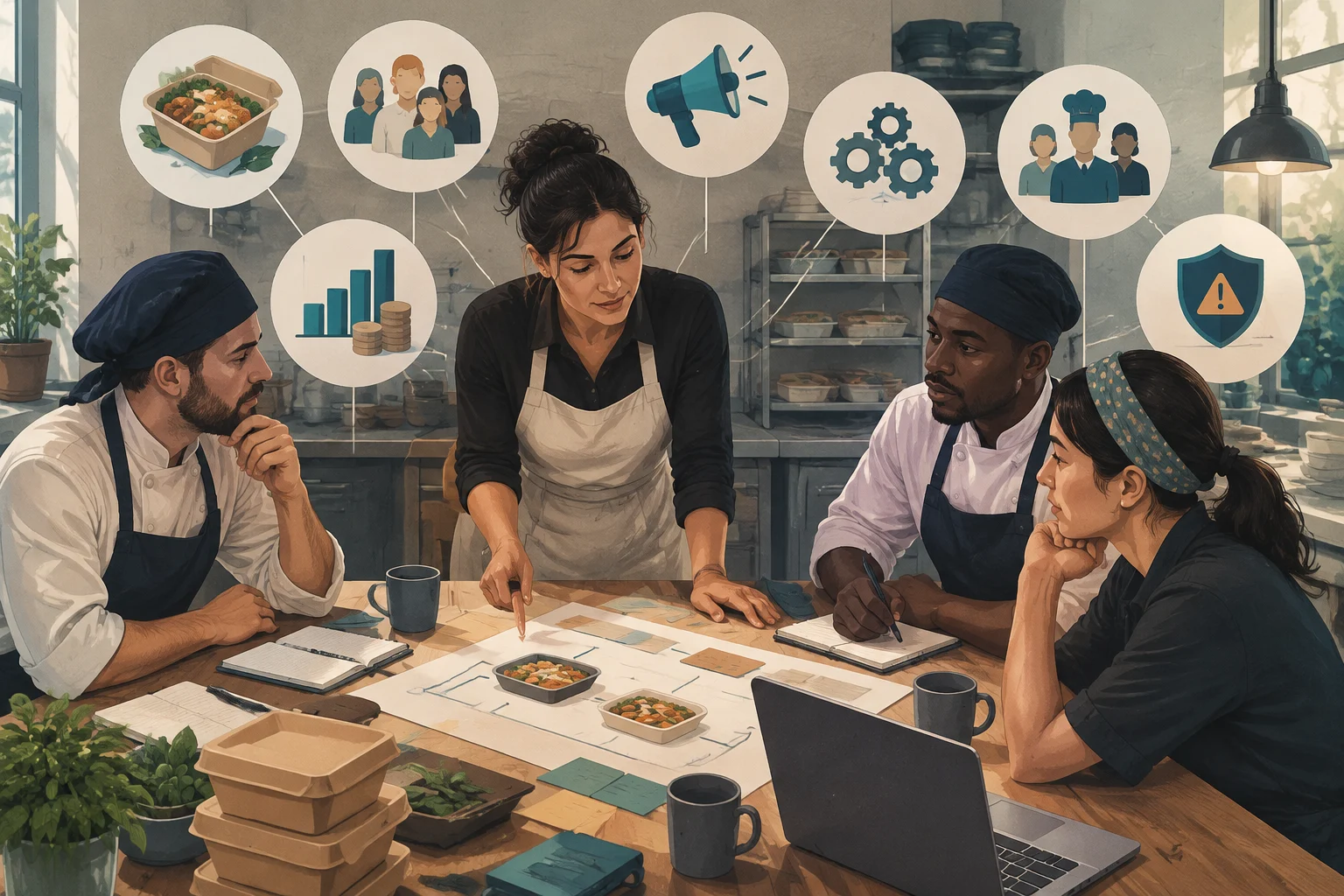 Illustration eines Teams, das sich in einer Küche versammelt hat und neben Behältern mit Essen Unterlagen prüft. Um das Team herum sind Symbole für Lebensmittel, Menschen, ein Megafon, Zahnräder, ein Balkendiagramm mit Münzen und ein Schild zu sehen.