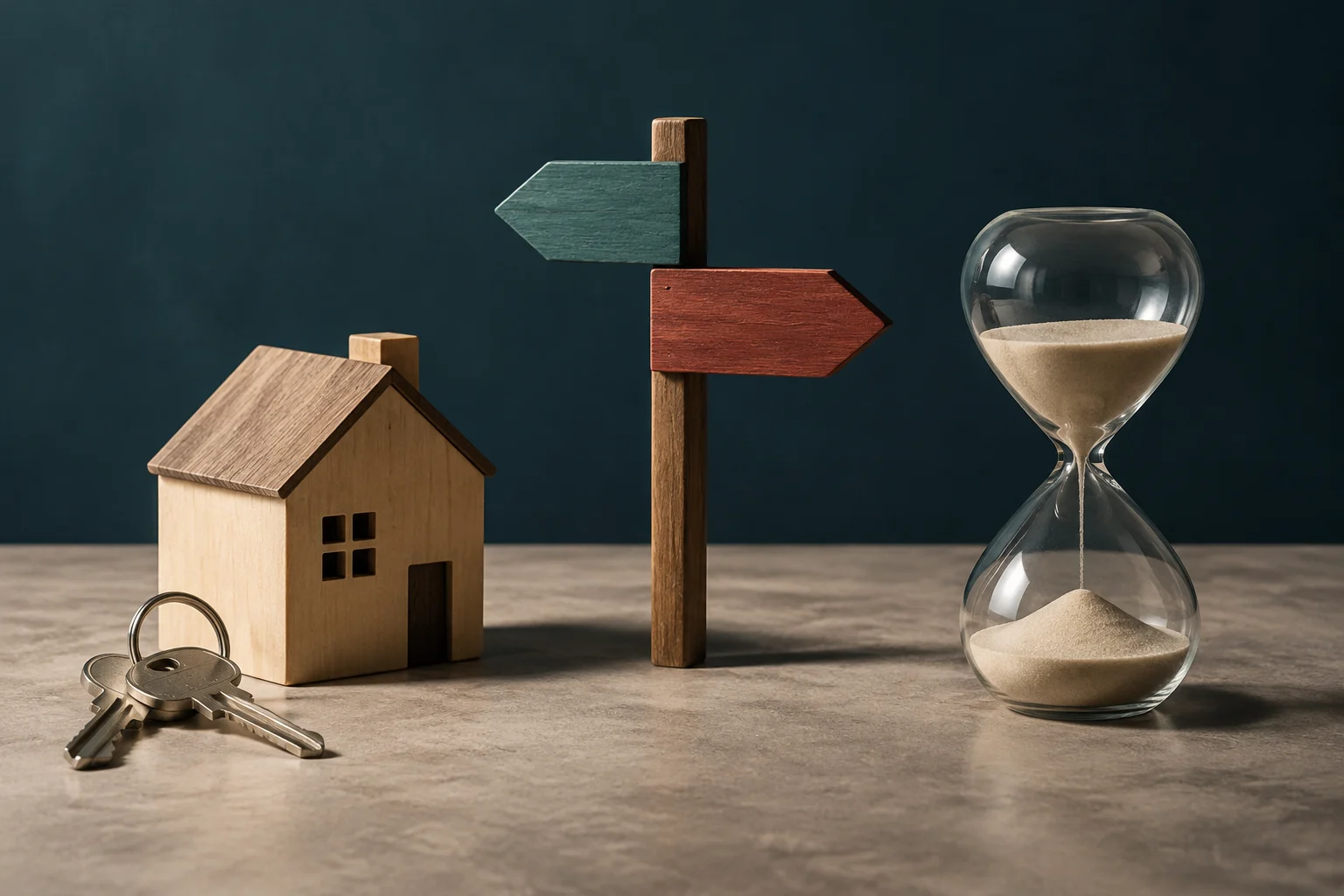 Ein kleines Holzhaus und ein Schlüsselbund stehen neben einem Pfosten mit zwei unbeschrifteten Pfeilen und einer Sanduhr.