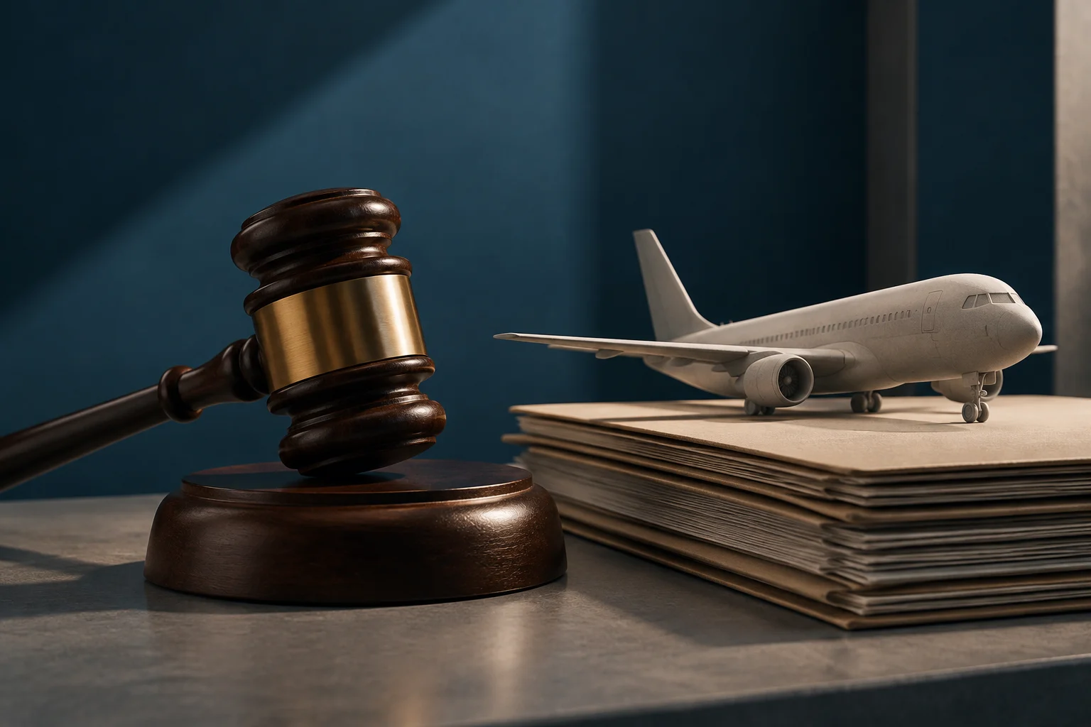 Ein Richterhammer neben einem Miniaturflugzeug auf einem Stapel Dokumente.