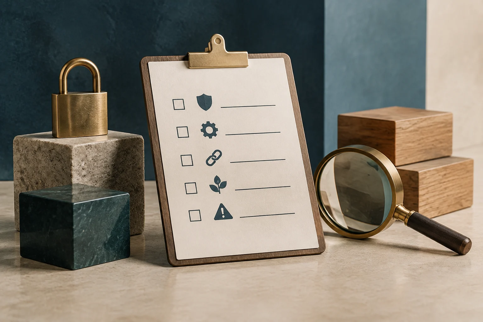 Eine Checkliste auf einem Klemmbrett zeigt leere Kästchen sowie Symbole für Schild, Zahnrad, Kettenglied, Blätter und Warnung. Daneben liegen ein Vorhängeschloss und eine Lupe; im Hintergrund stehen Stein- und Holzblöcke.
