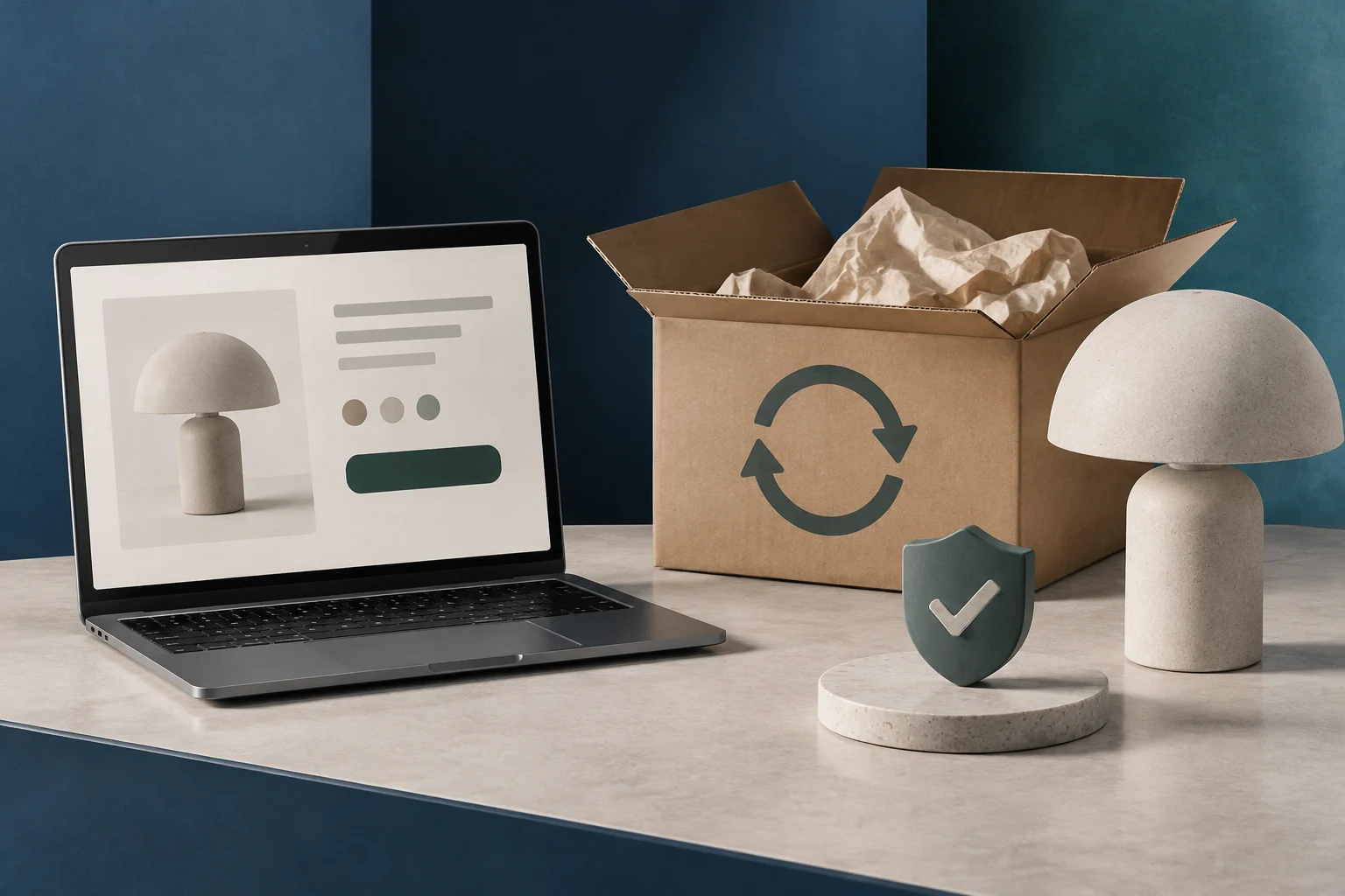 Ein Laptop mit dem Bild einer Lampe und einer abstrakten Benutzeroberfläche steht neben einem offenen Karton mit Rückgabepfeilen; davor sind eine weitere Lampe und ein Schild mit Häkchen zu sehen.