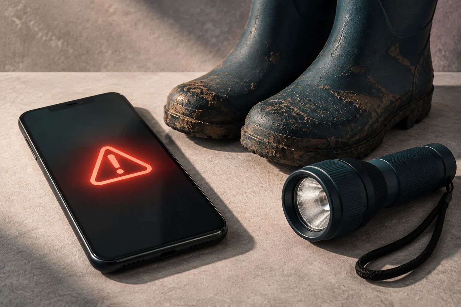 Ein Smartphone zeigt ein rotes Warnsymbol. Daneben liegen schlammige Stiefel und eine Taschenlampe auf einer Steinoberfläche.