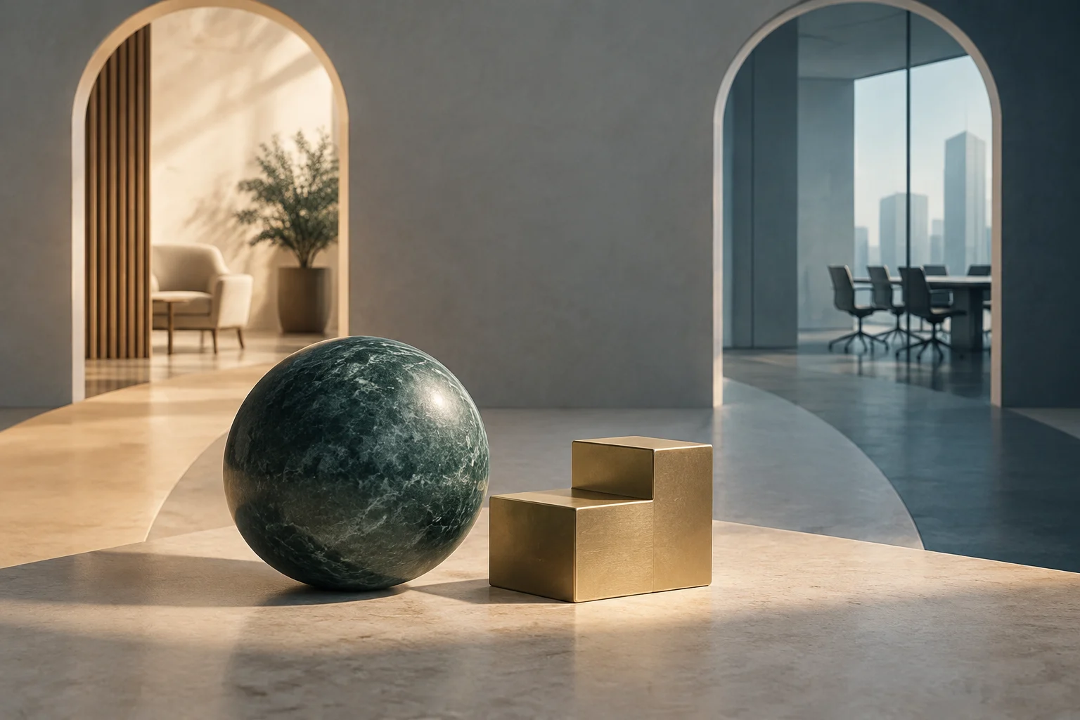 Eine dunkle Steinkugel und zwei abgestufte goldene Blöcke stehen im Vordergrund eines modernen Raums; im Hintergrund sind ein Lounge-Bereich und ein verglaster Besprechungsraum zu sehen.