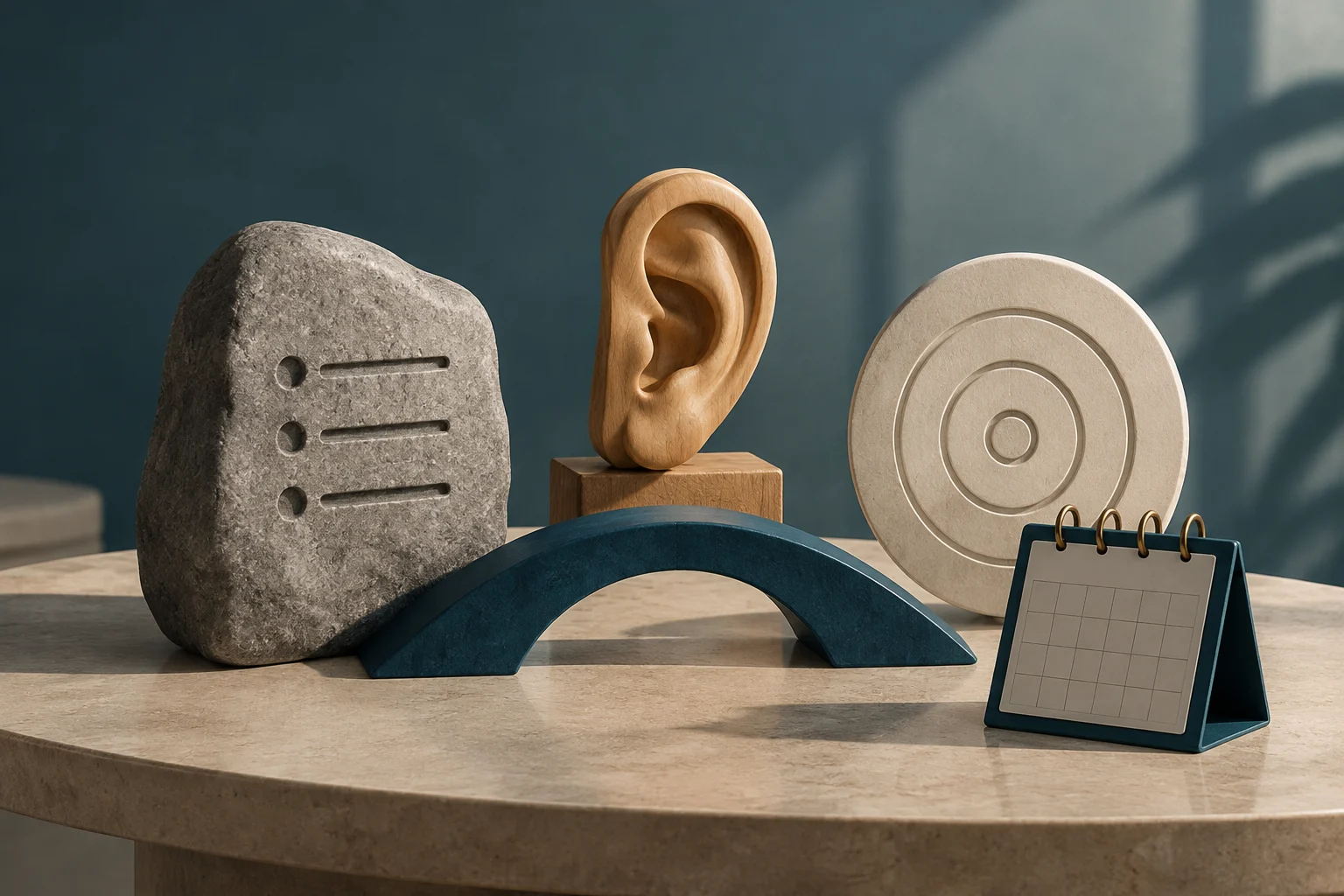 Auf einem Tisch stehen ein Steinelement mit drei Listenmarkierungen, ein hölzernes Ohr, eine Scheibe mit konzentrischen Kreisen und ein leerer Tischkalender. Ein dunkler Bogen verbindet die Gegenstände optisch.