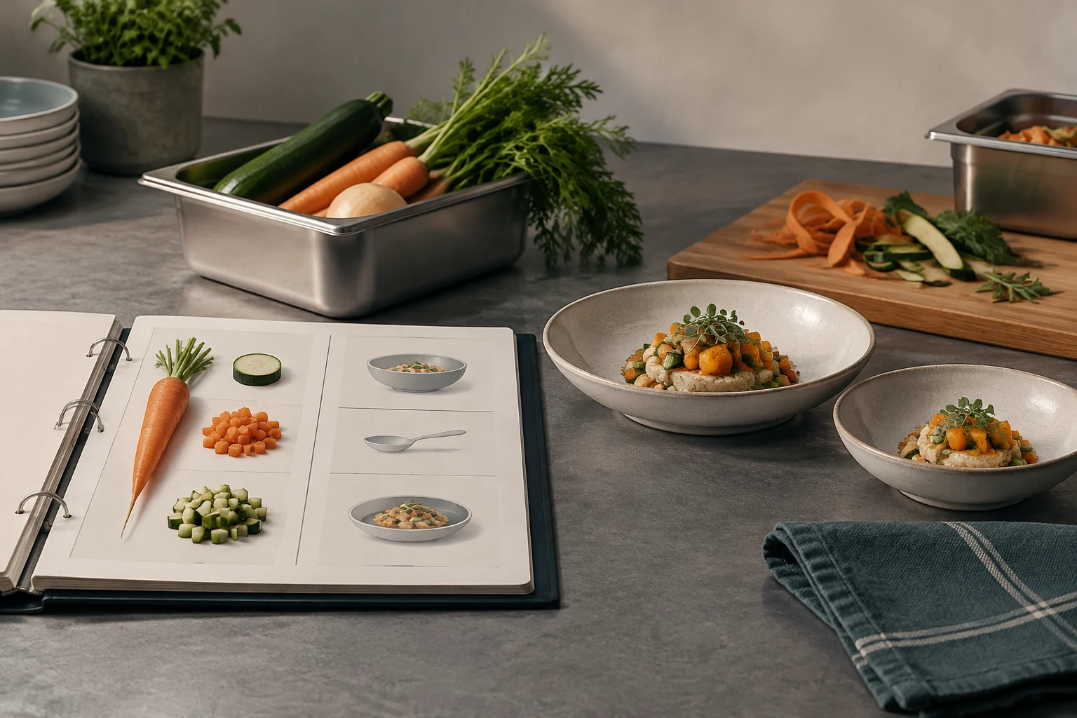 Ein aufgeschlagenes Zubereitungsblatt zeigt Zeichnungen von Karotte, Zucchini und Gemüseportionen neben mehreren Gerichten; daneben stehen zwei Schalen mit unterschiedlich großen Portionen.