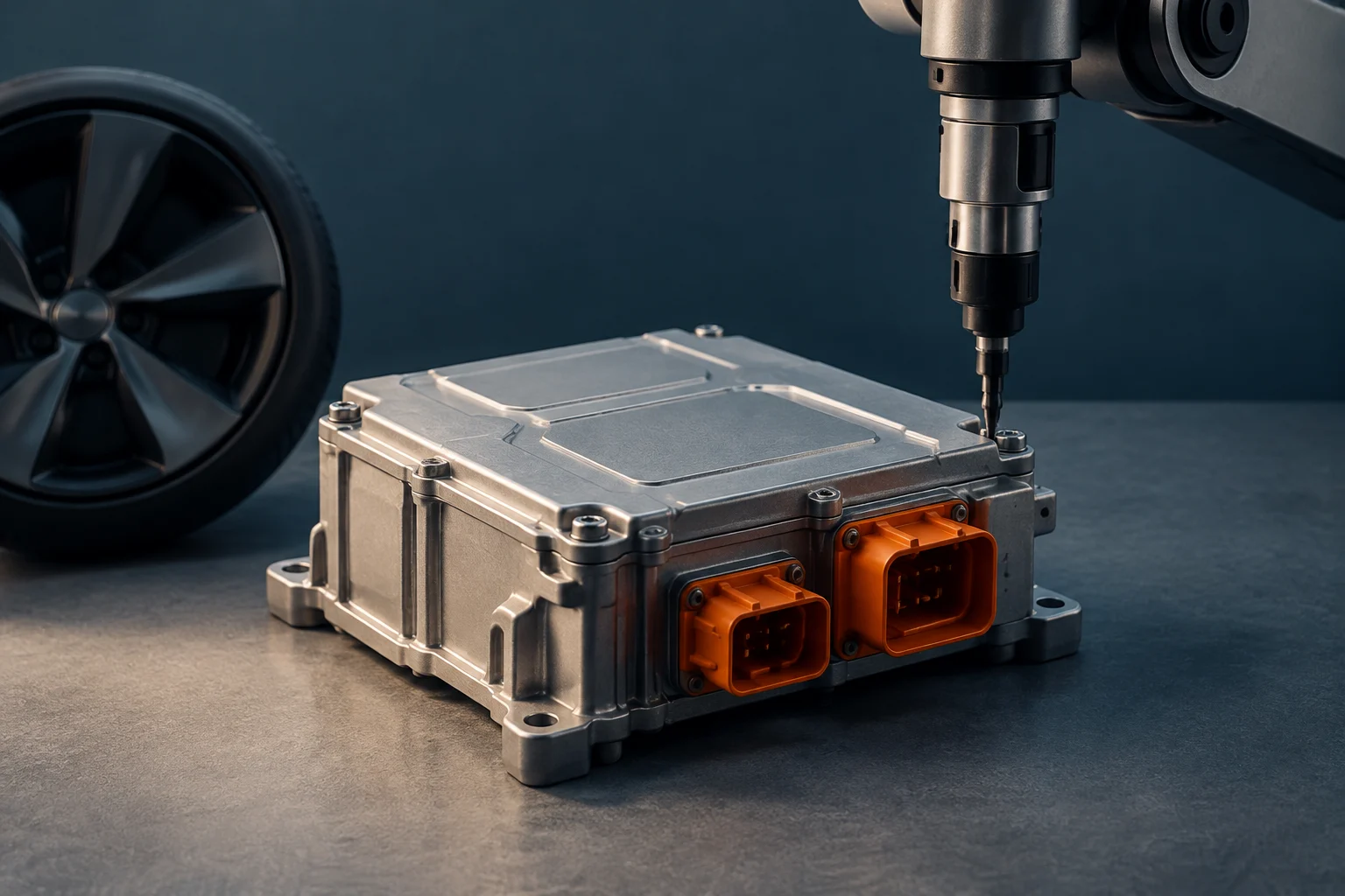 Ein metallisches Elektronikmodul mit zwei orangefarbenen Anschlüssen liegt auf einer Arbeitsfläche, während sich ein industrielles Werkzeug einer seiner Schrauben nähert; im Hintergrund ist ein Rad zu sehen.