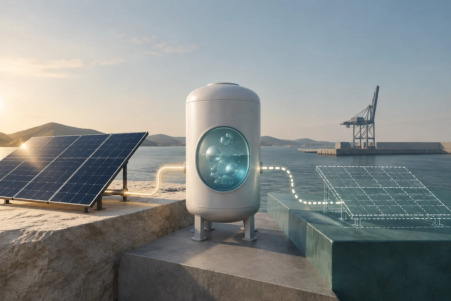 Illustration von Solarmodulen neben einem zylindrischen Tank, in dem durch ein rundes Fenster Blasen zu sehen sind, vor dem Meer und einem Hafenkran.