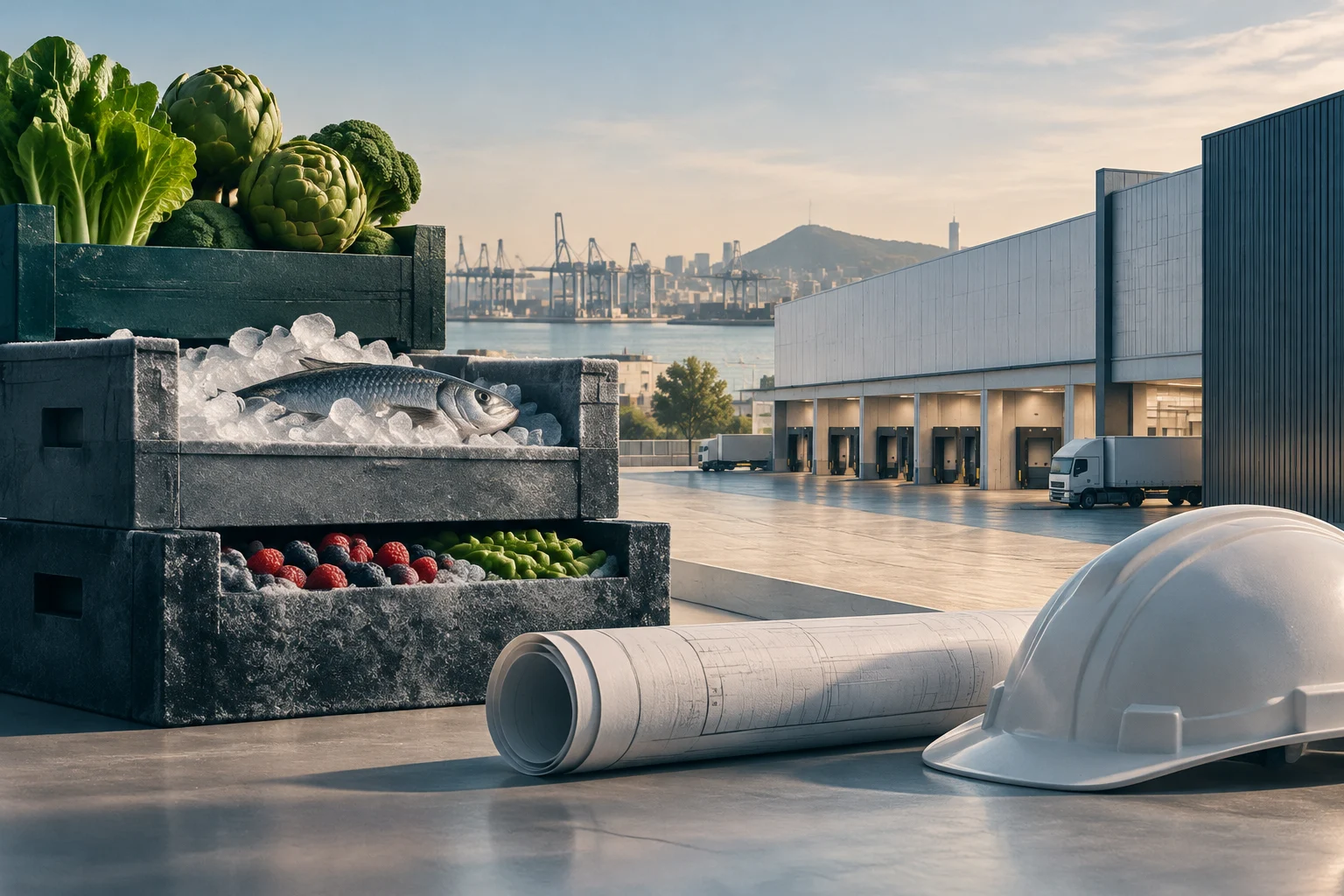 Illustration eines Logistikzentrums mit Lastwagen an den Laderampen; im Vordergrund stehen Kisten mit Gemüse, Obst und Fisch auf Eis neben einem Schutzhelm und einem zusammengerollten Bauplan. Im Hintergrund sind Hafenkräne und eine Stadt zu sehen.
