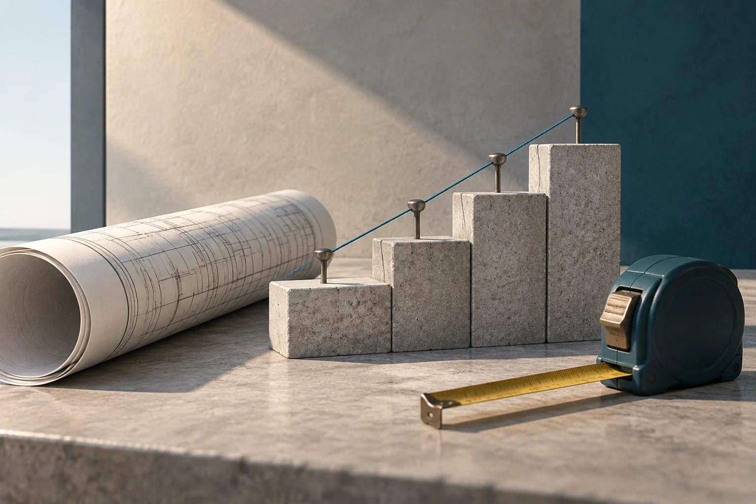 Ein aufgerollter Bauplan, ein Maßband und Betonblöcke mit zunehmender Höhe, die optisch durch eine ansteigende Linie verbunden sind.