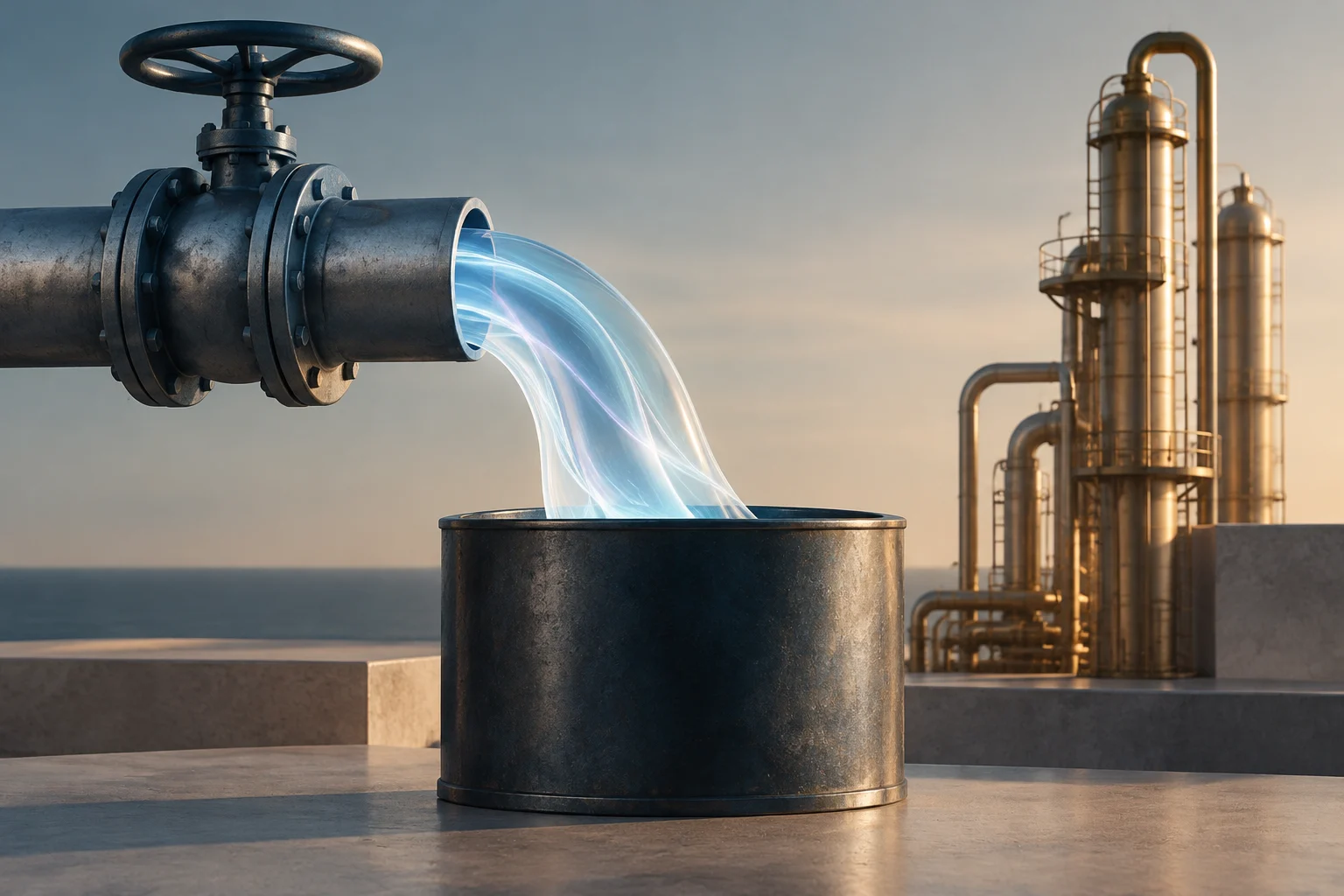 Ein Metallrohr leitet einen leuchtend blauen Strom in einen zylindrischen Behälter; im Hintergrund steht eine Industrieanlage.