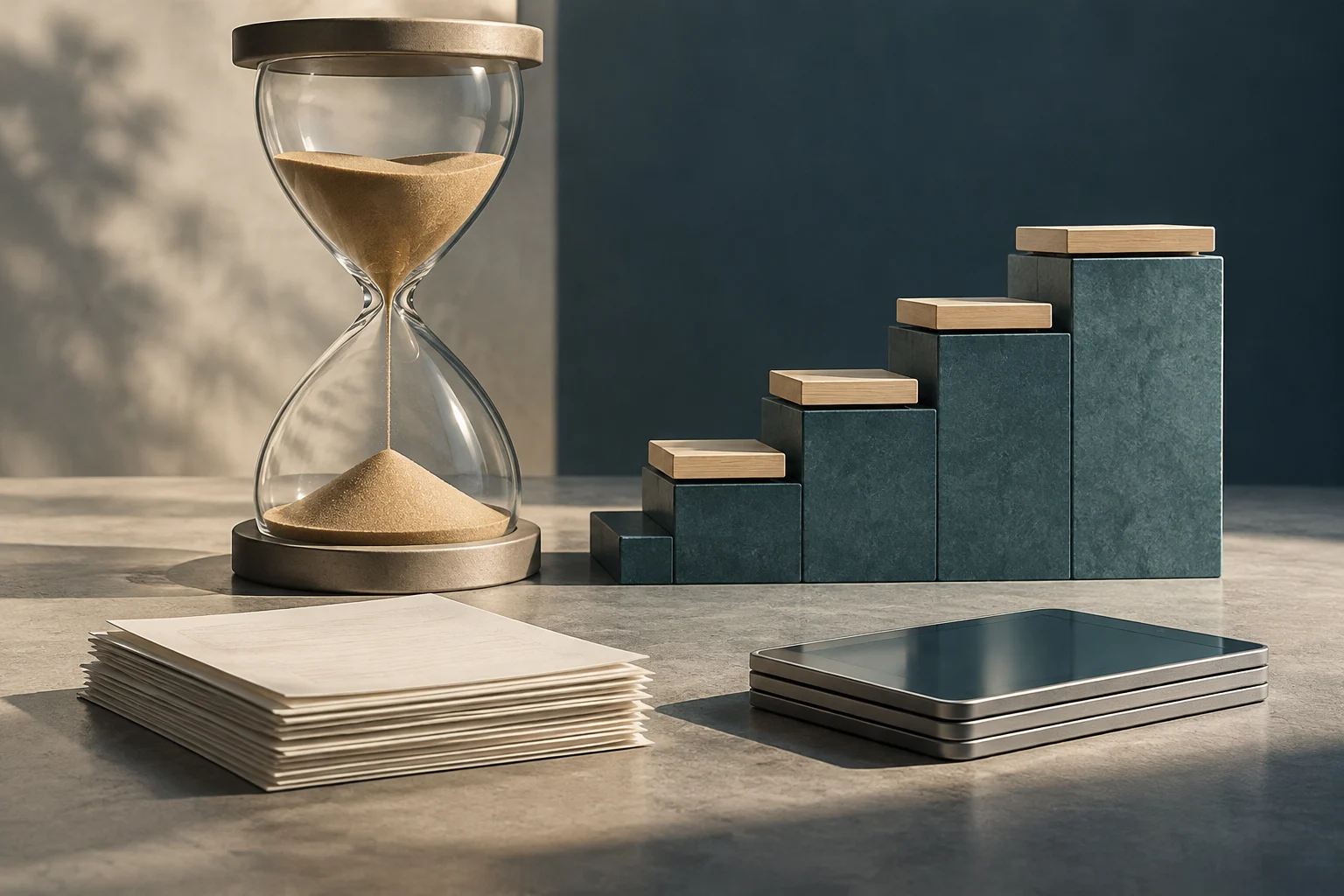 Neben einer Sanduhr steht eine Reihe zunehmend hoher Blöcke; davor liegen ein Papierstapel und ein dunkles Tablet auf dem Tisch.