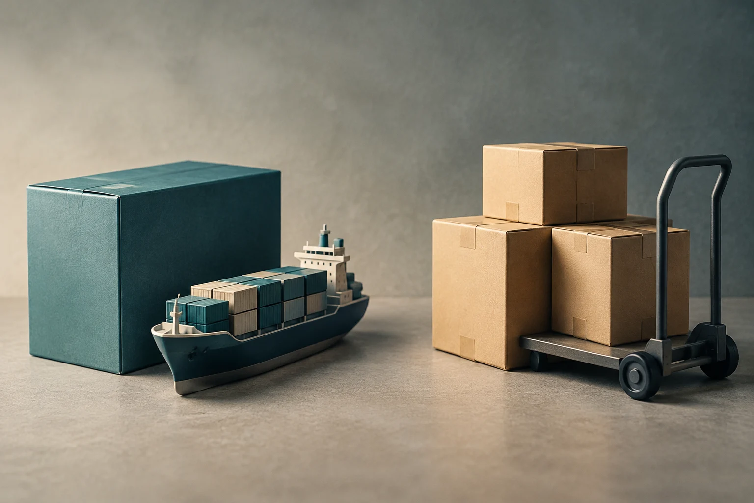 Ein Miniatur-Frachtschiff mit Containern steht neben einer großen blauen Kiste; auf der anderen Seite sind mehrere Kartons auf einer Sackkarre gestapelt.