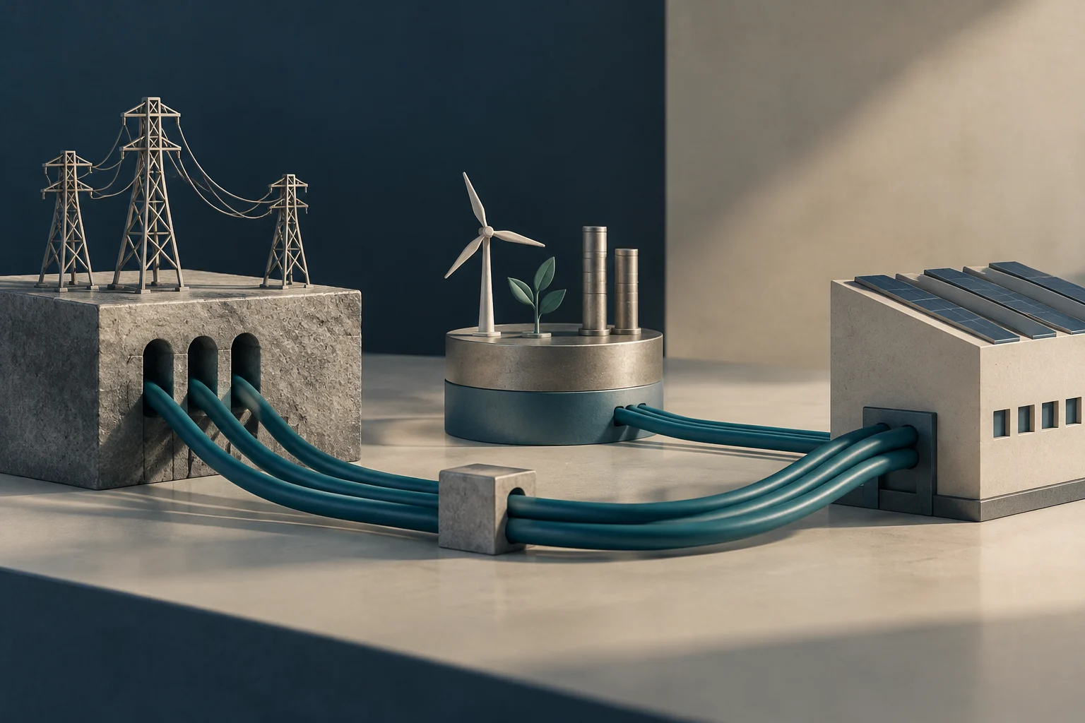 Konzeptionelle Illustration von Strommasten und Kabeln, die eine elektrische Anlage mit Solarmodulen und einem Windrad verbinden.