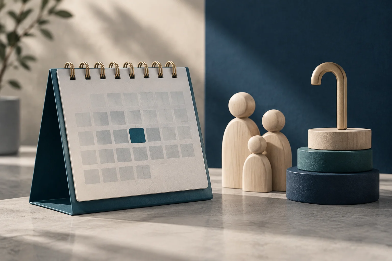 Ein Tischkalender mit einem hervorgehobenen blauen Feld steht neben drei unterschiedlich großen Holzfiguren und einem abstrakten Fragezeichen auf einem abgestuften Sockel.