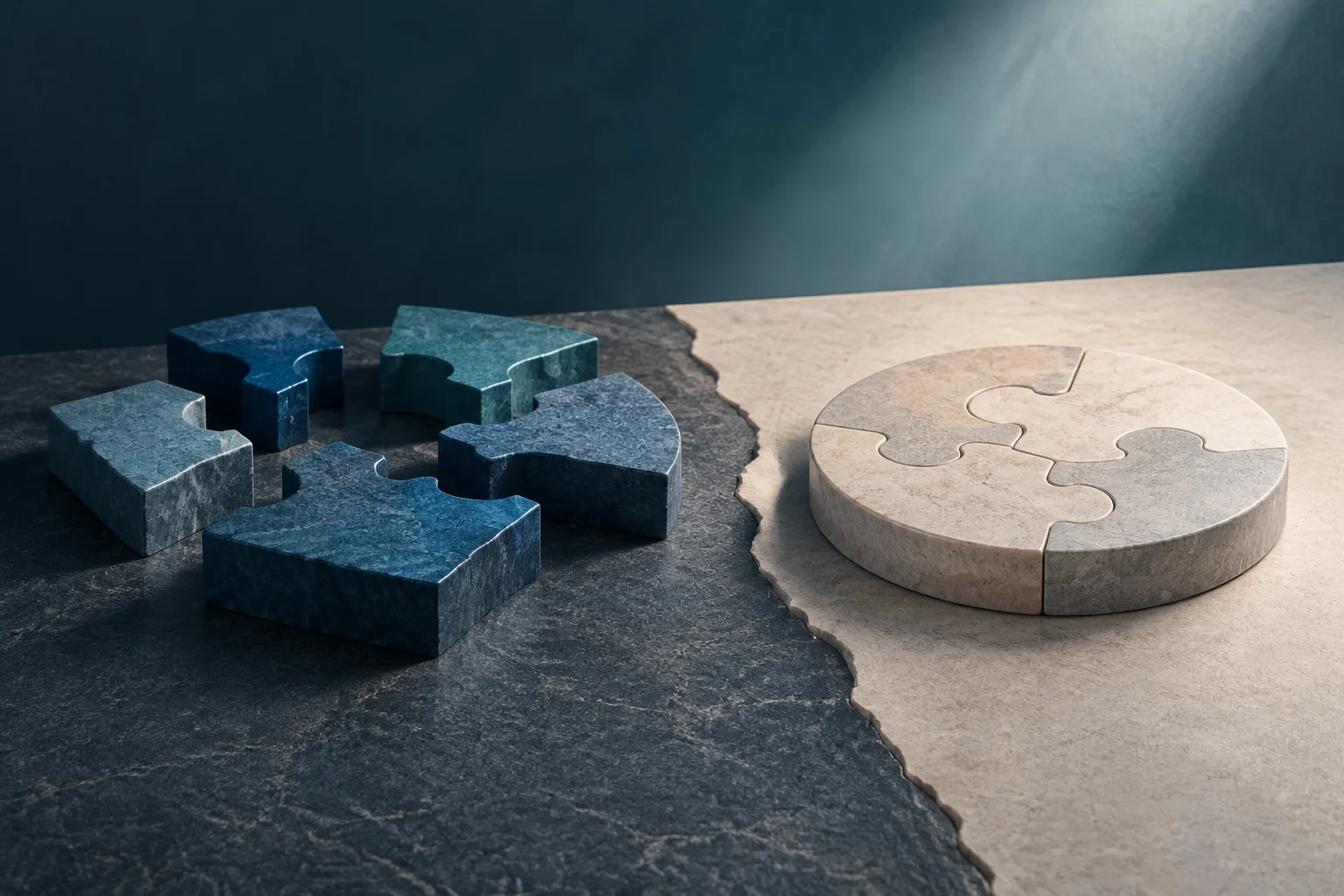 Mehrere blaue Steinpuzzleteile liegen verstreut auf einer dunklen Oberfläche neben einem zusammengesetzten, hellen runden Puzzle; dazwischen verläuft ein Riss.