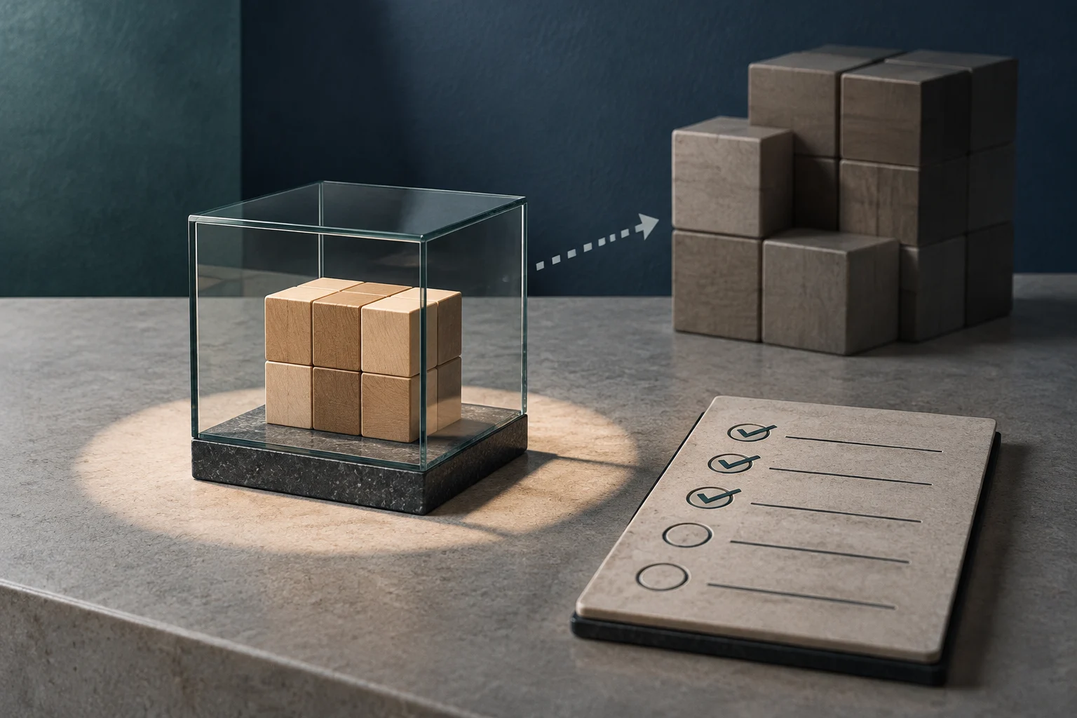 Konzeptionelle Illustration einer kleinen Gruppe von Holzwürfeln in einer Glasbox, mit einem gestrichelten Pfeil, der auf eine größere Gruppe von Steinwürfeln im Hintergrund zeigt. Rechts eine Checkliste mit angekreuzten Kästchen.