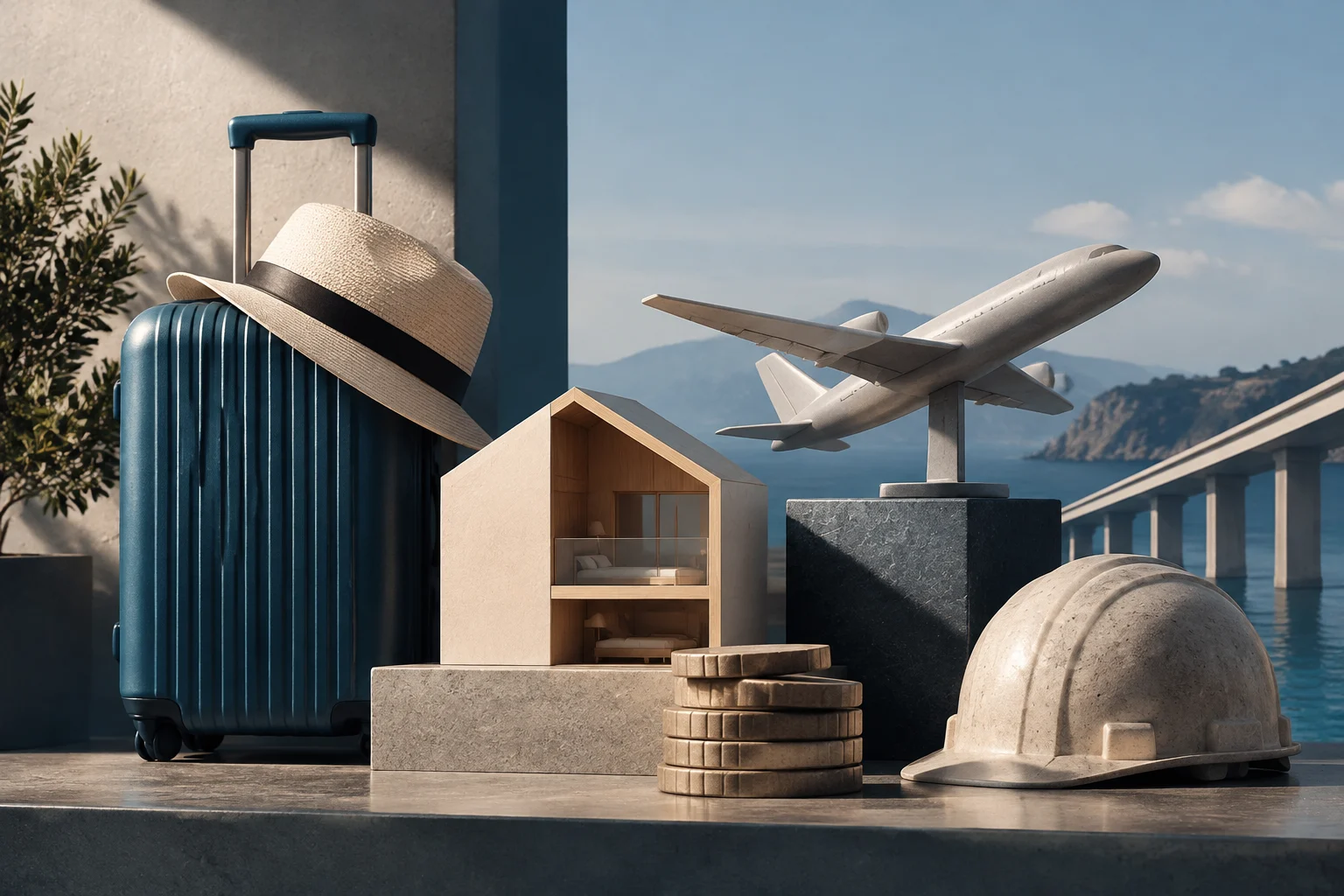 Konzeptionelle Illustration mit einem Koffer, einem Strohhut, einem Hausmodell, Münzen, einem Bauhelm und einem Flugzeugmodell vor einer Küstenlandschaft.