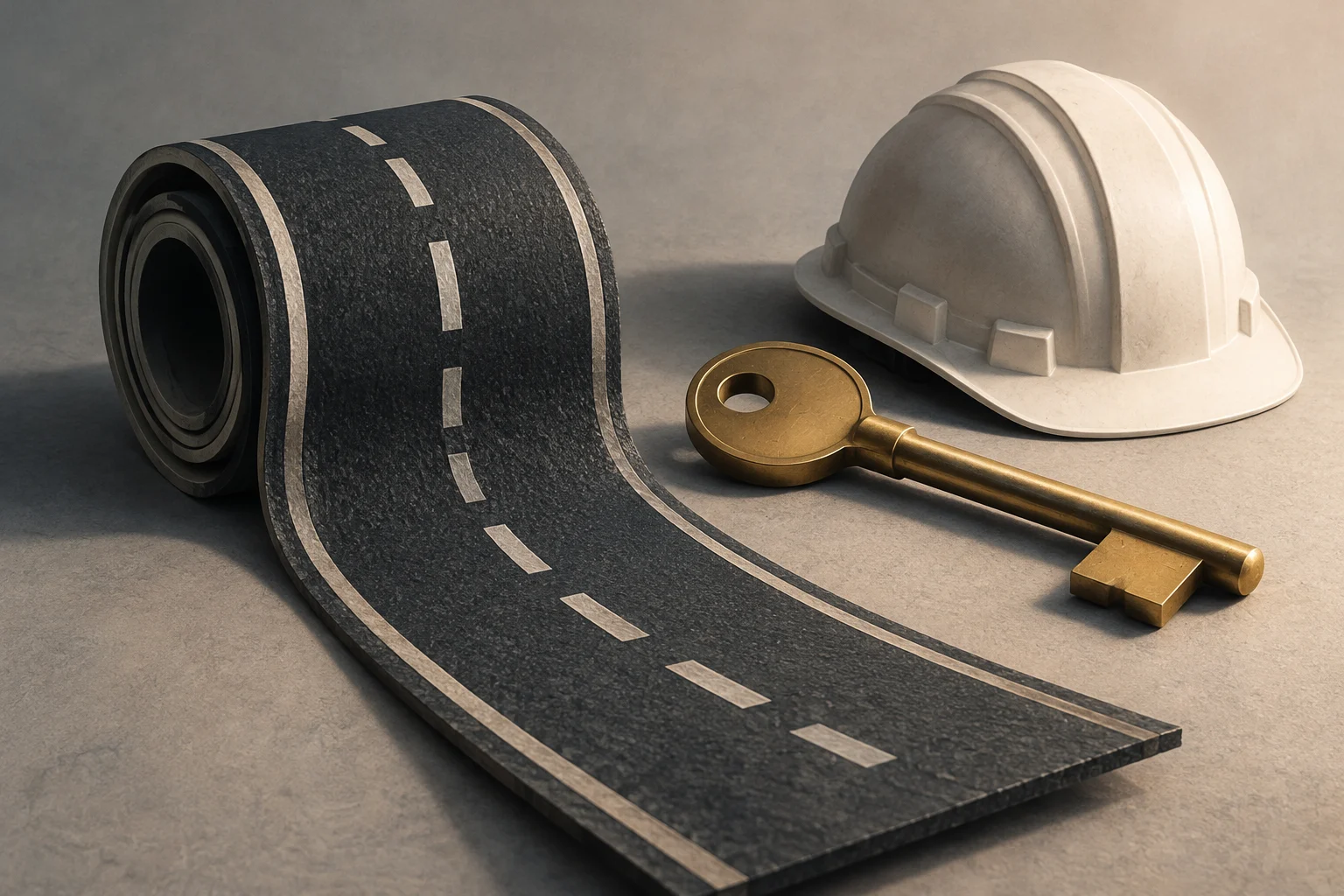 Ein Stück asphaltierte Straße mit weißen Fahrbahnmarkierungen ist neben einem weißen Bauhelm und einem großen goldenen Schlüssel auf neutralem Hintergrund aufgerollt.