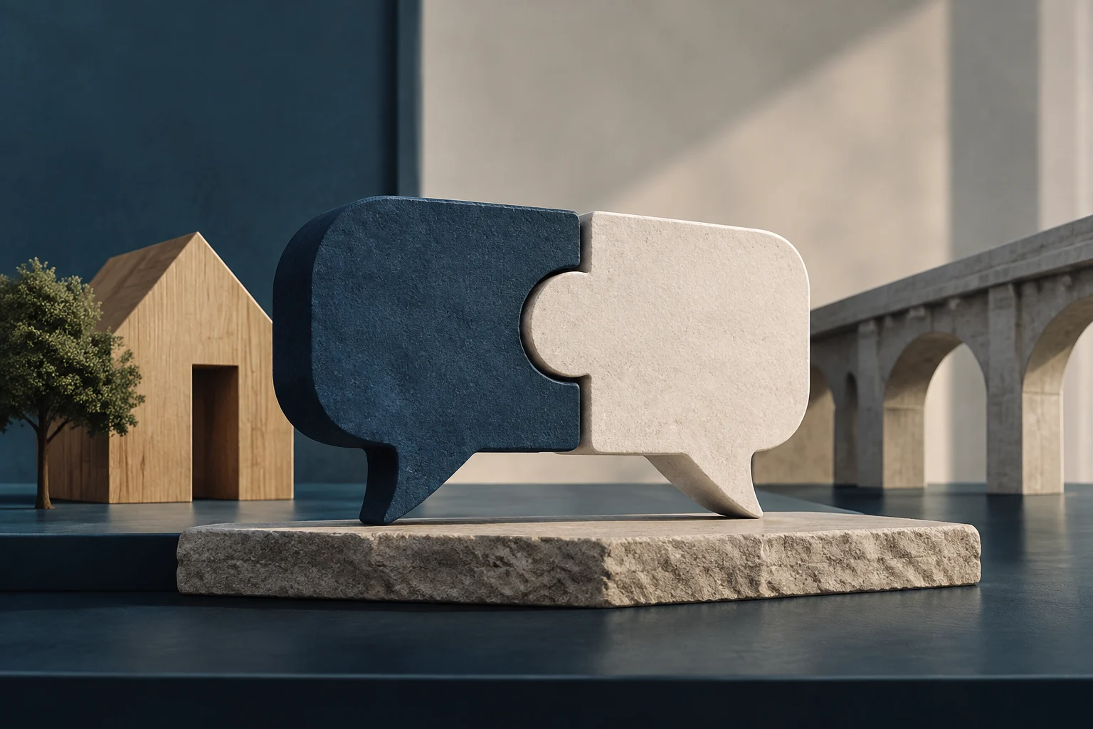 Two speech bubbles, one dark blue and one light-colored, fit together on a stone base; a wooden house and an arched viaduct stand behind them.