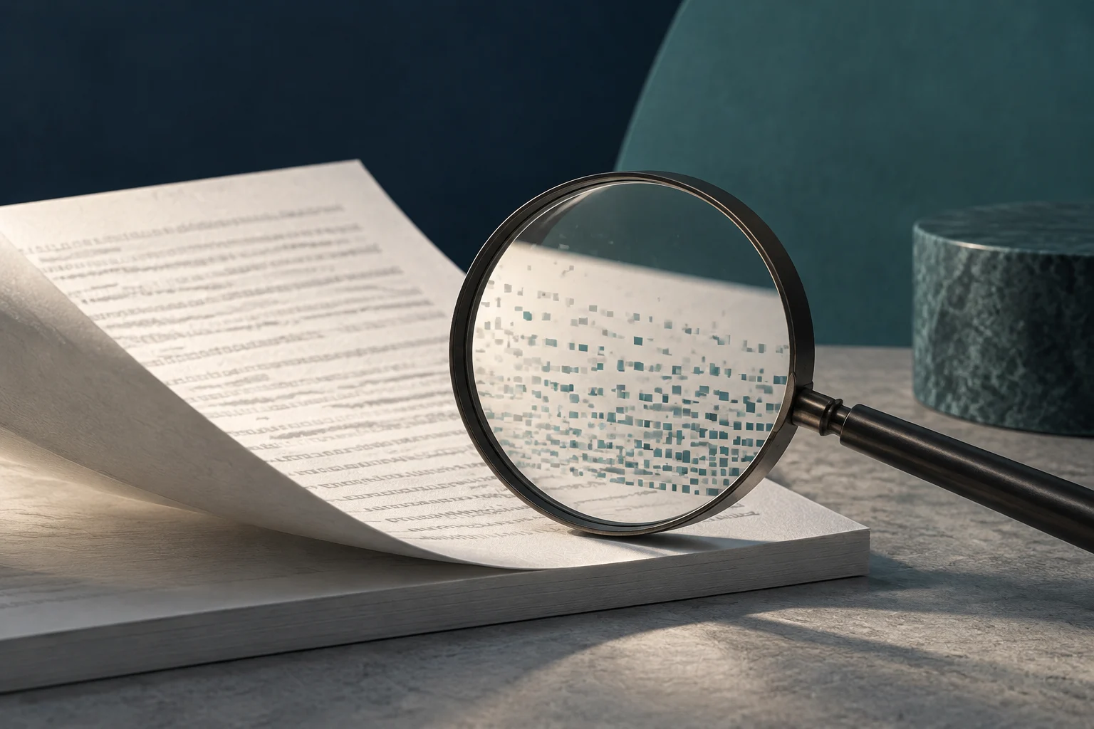 A magnifying glass rests on a sheet with blurred lines of text; small squares in different shades are visible beneath the lens.