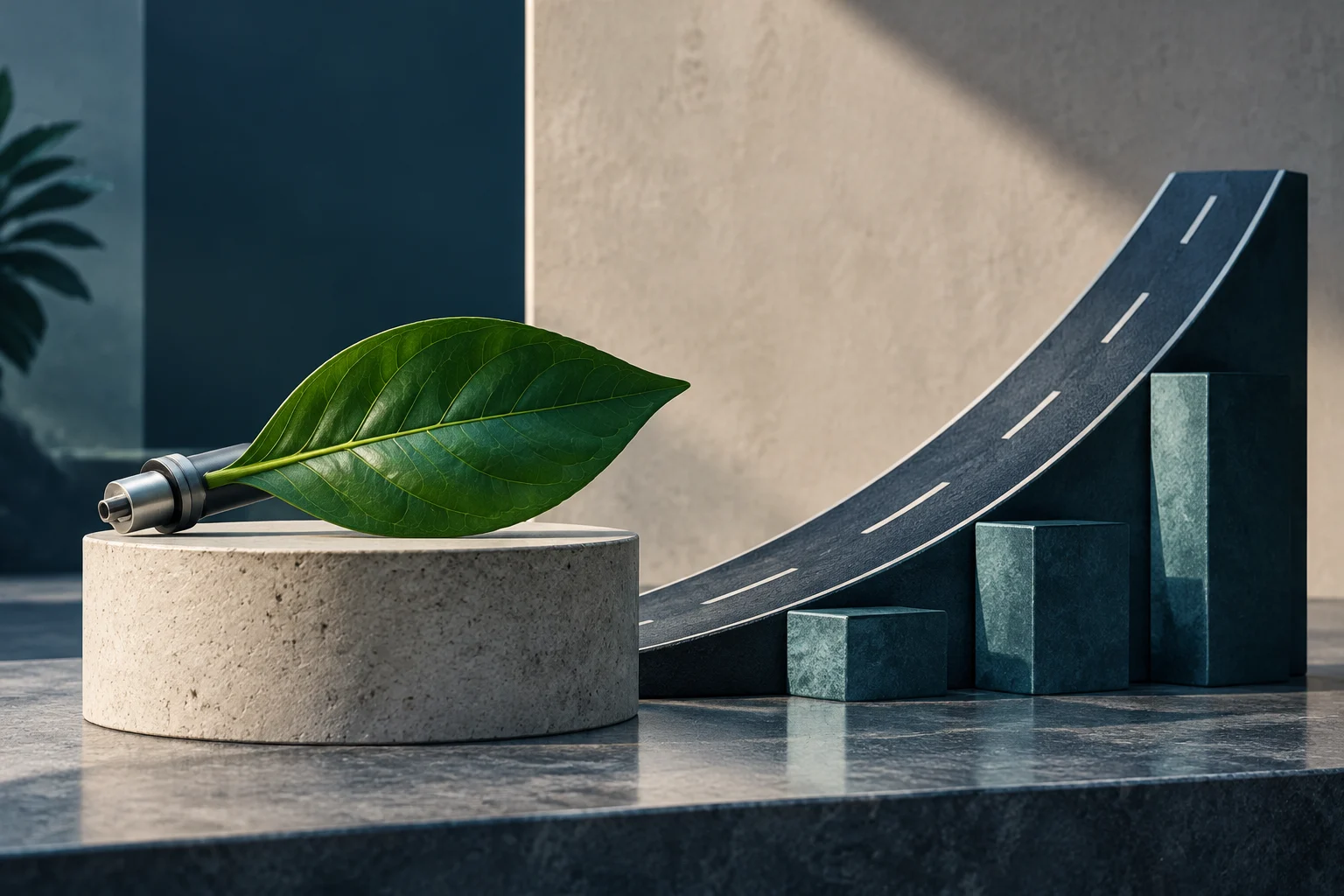 A green leaf beside a metal connector rests on a pedestal; behind it, a curved road rises alongside three blocks of different heights.