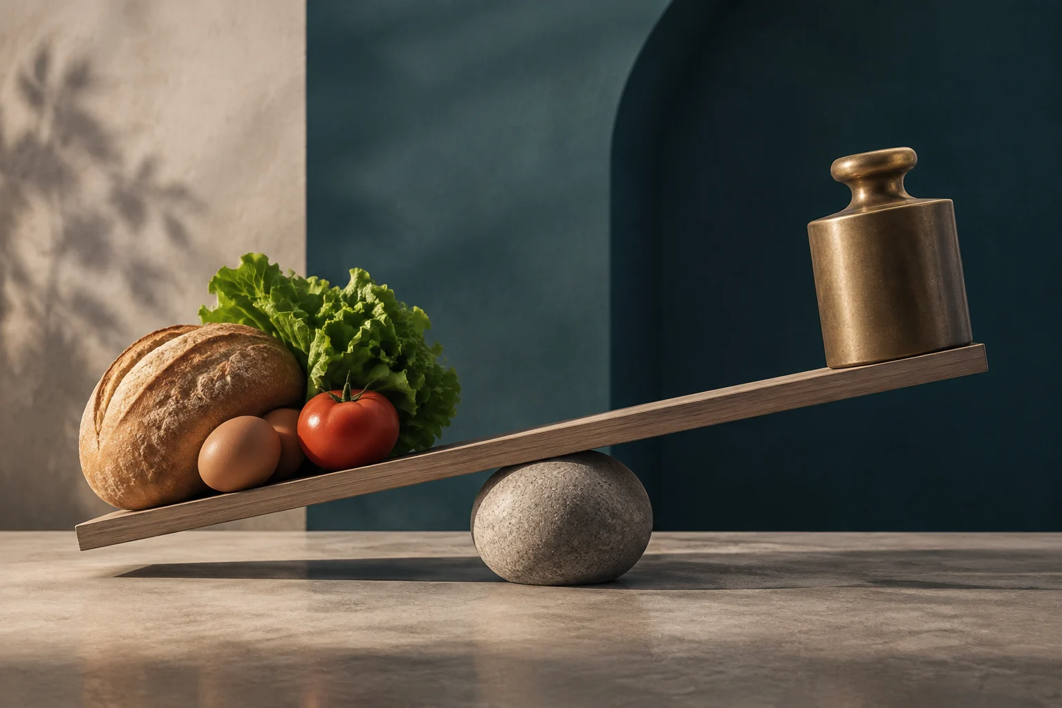 A tilted plank balanced on a stone sphere holds bread, lettuce, an egg, and a tomato at its lower end, and a metal weight at its higher end.