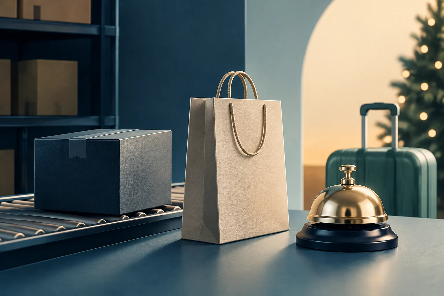 A box moves along a conveyor belt beside a shopping bag; a suitcase and decorative lights are in the background, with a reception bell in the foreground.
