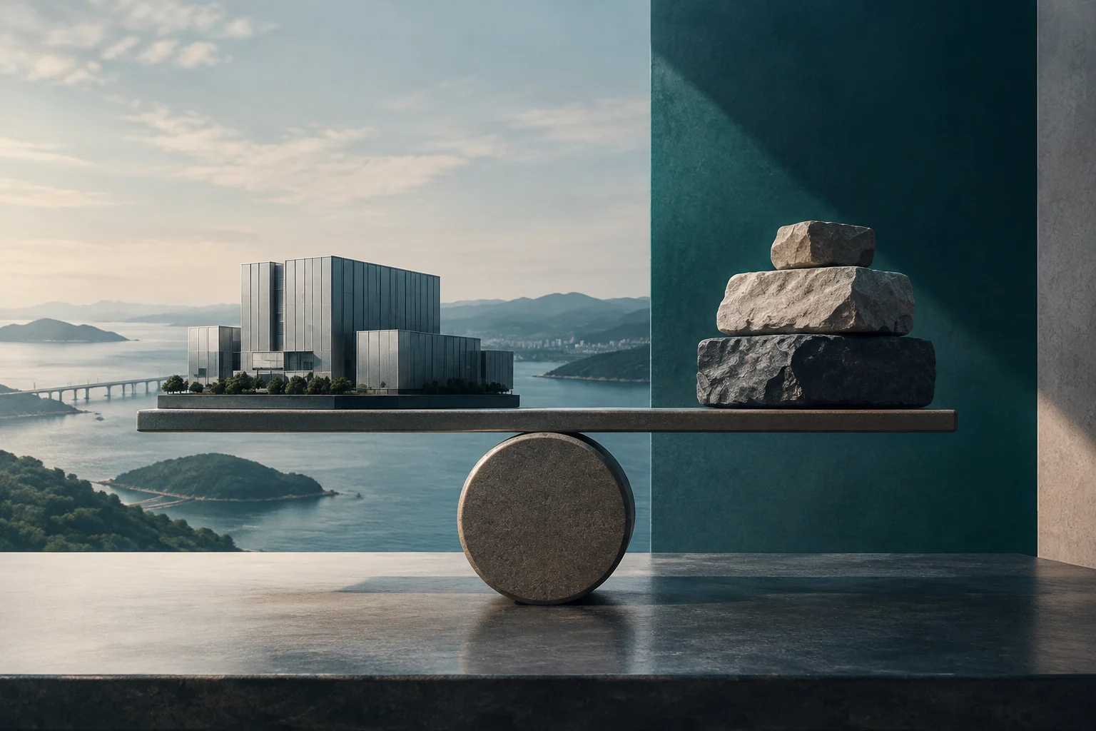 A modern industrial complex beside a coastline appears on one side of a balance beam, with several stacked stones on the other.