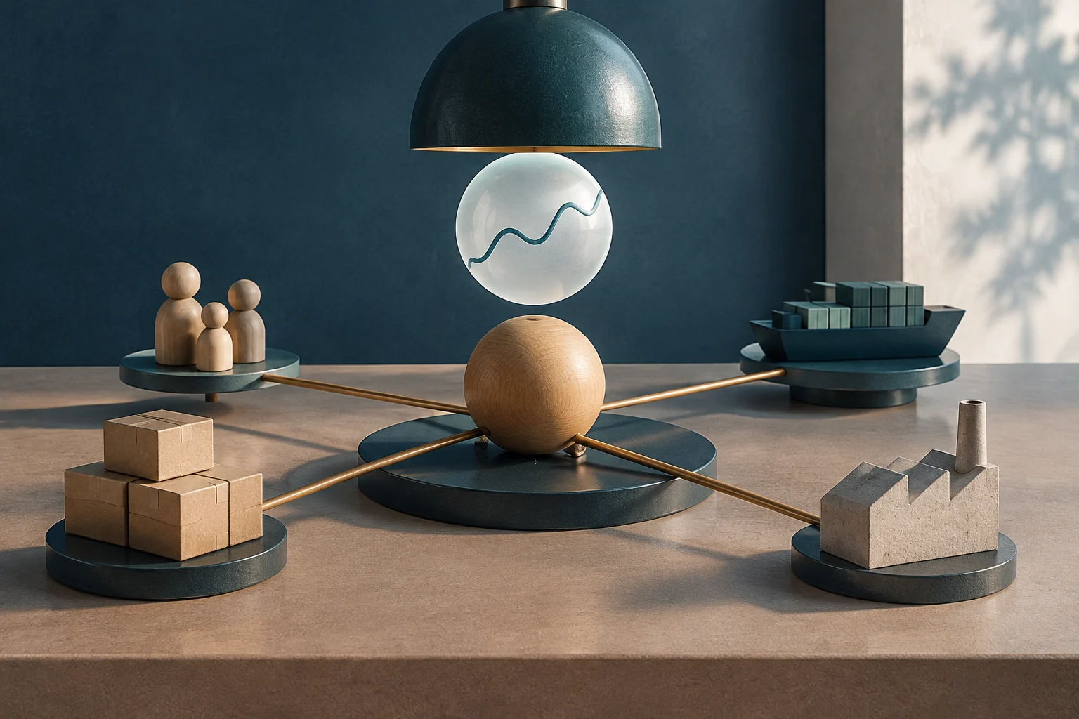 A wooden sphere sits at the center of a composition, connected by rods to platforms holding human figures, boxes, a loaded ship, and a factory. Above it, an upward-winding line appears inside a glass sphere.