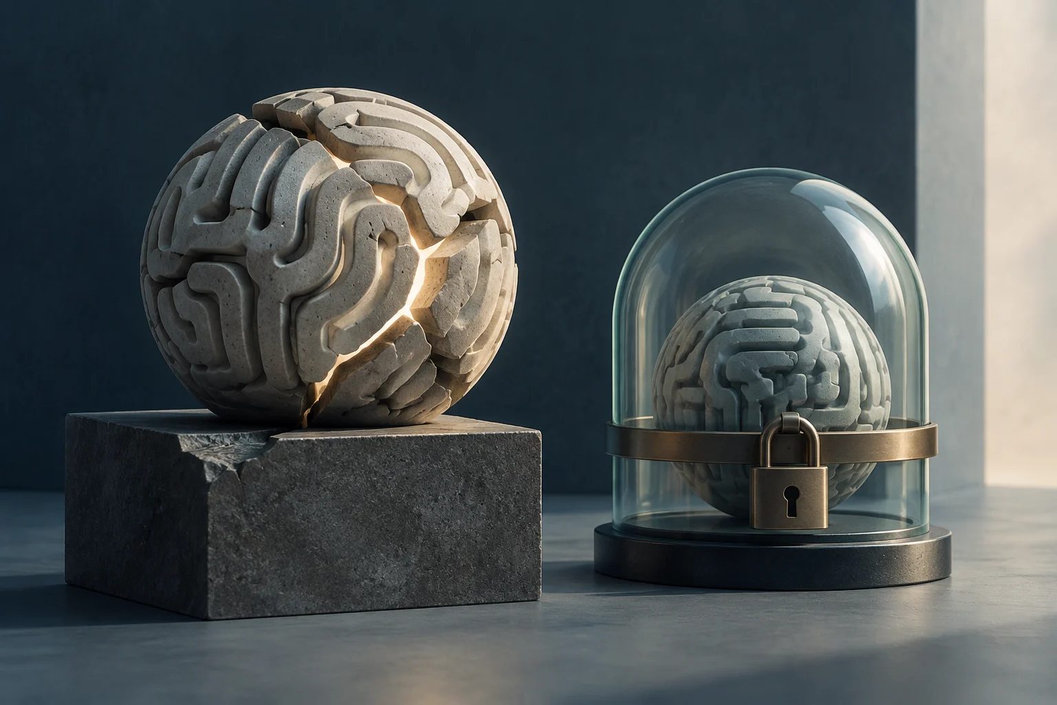 Two sculpted stone brains sit on pedestals: one is cracked, while the other is enclosed beneath a glass dome secured with a padlock.