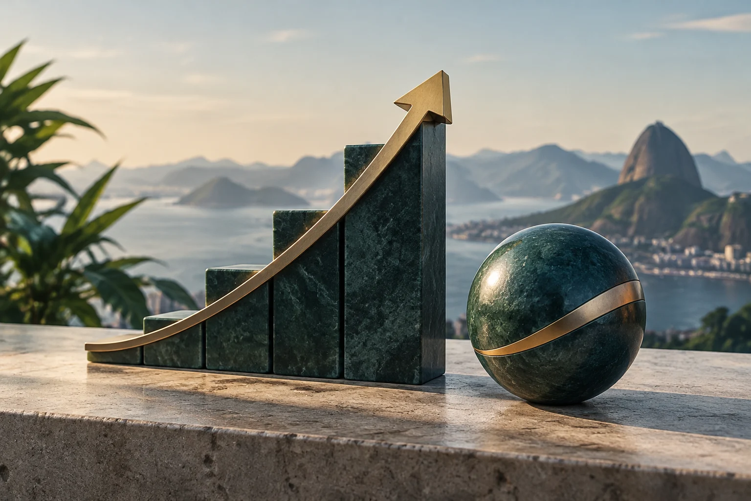 A golden arrow rises over dark stone blocks beside a sphere of the same material with a golden band. Rio de Janeiro’s bay and Sugarloaf Mountain appear in the background.