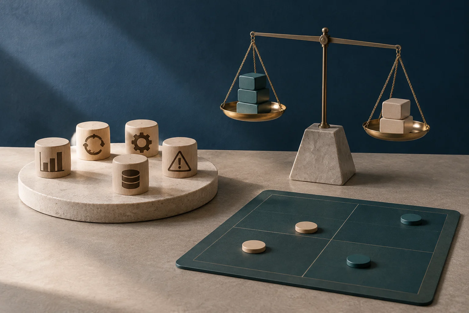 A balance scale holds blocks in different colors; in front, wooden cylinders bear chart, gear, database, circular-arrow, and warning symbols beside an unlabeled matrix with tokens.