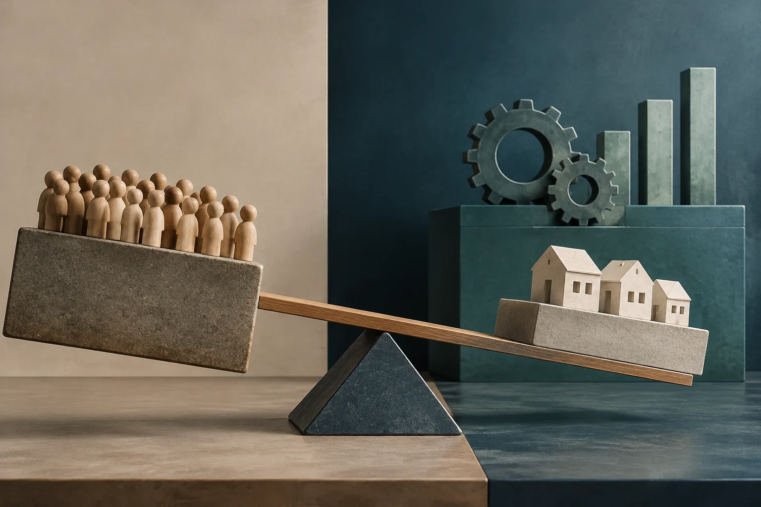 A tilted balance holds a large group of wooden human figures on one end and a few small houses on the other. Gears and vertical bars of varying heights stand in the background.