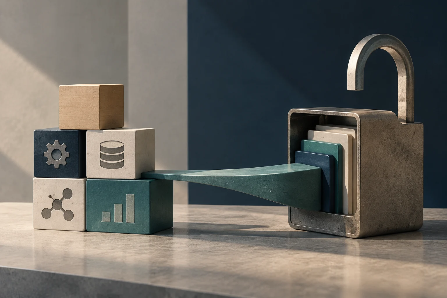 Several blocks bearing gear, database, connection, and bar symbols are joined by a green piece to an open padlock containing stacked panels.