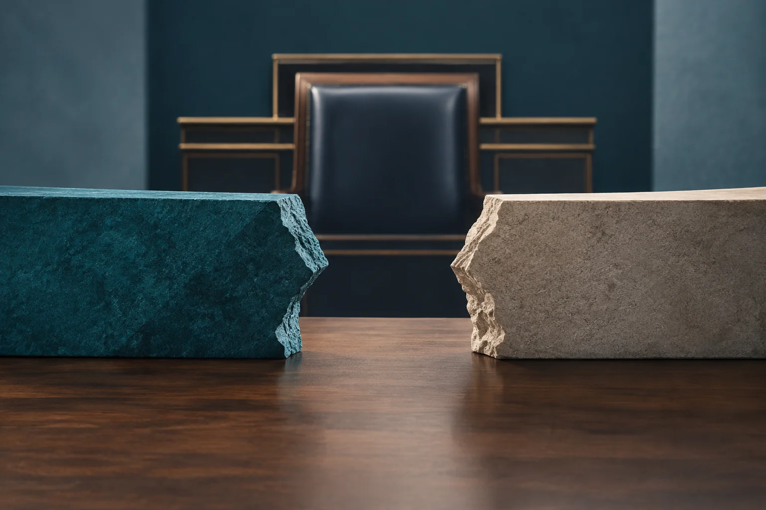 Two separated stone blocks, one teal and one gray, flank a dark chair behind a wooden table.