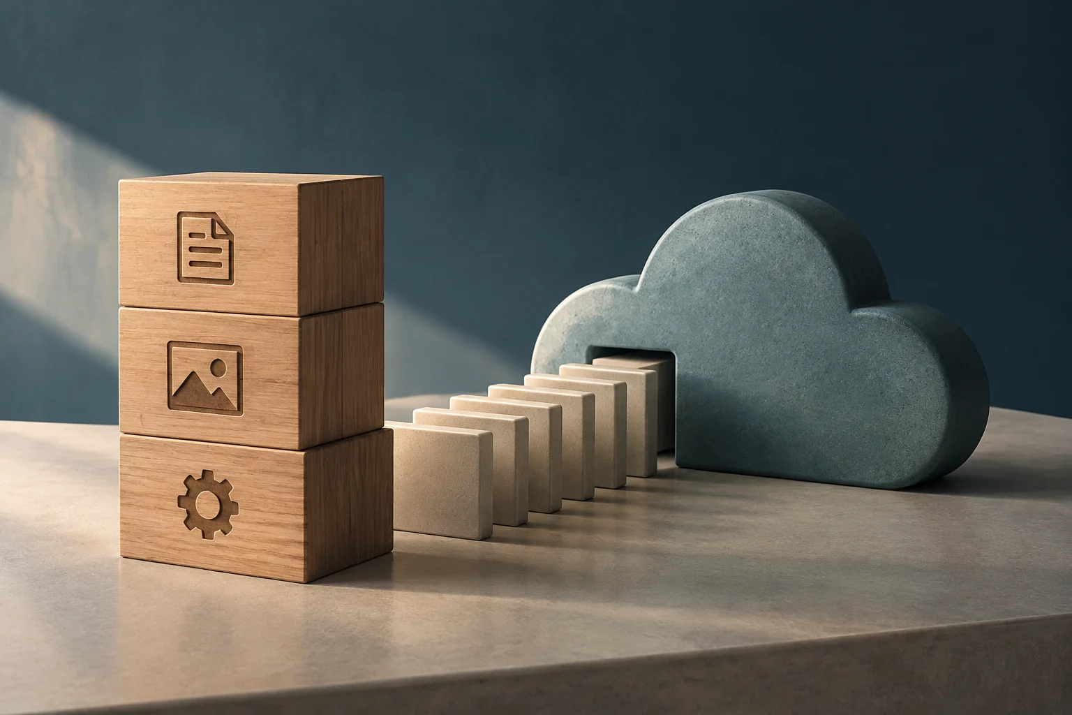 Three wooden blocks bearing icons of a document, an image, and a gear stand beside a row of blocks leading into a gray cloud.