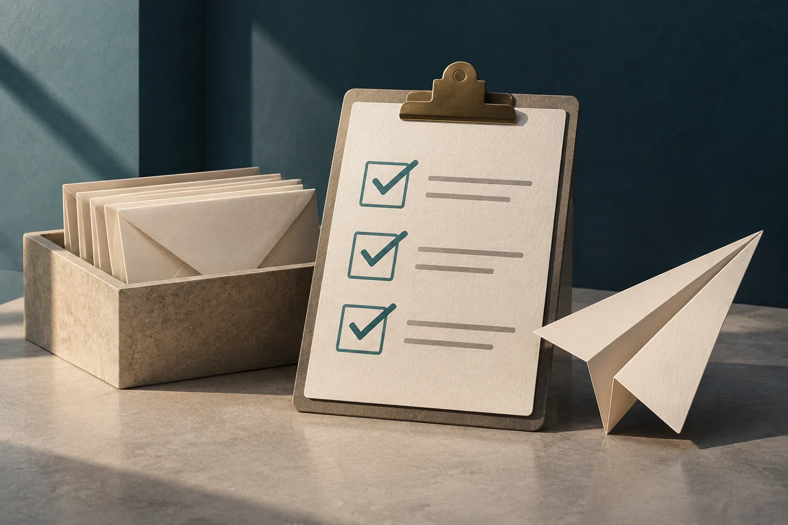 A clipboard with three checked boxes and blank lines, beside a box of envelopes and a paper airplane.