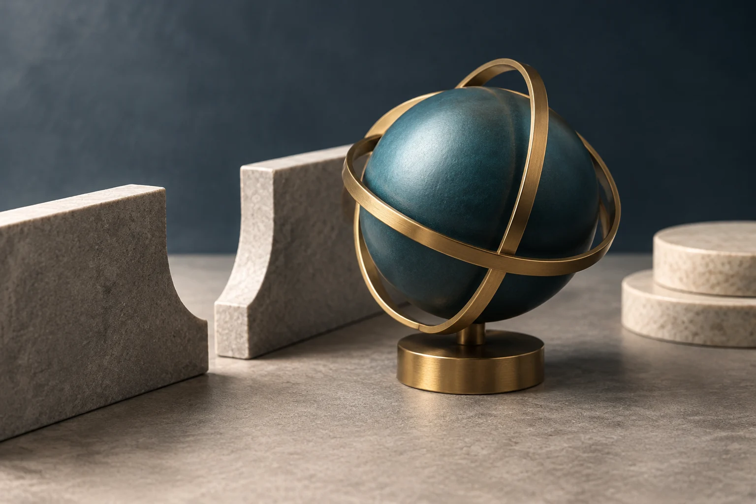 A dark blue globe with golden rings rests on a metallic base between separated stone blocks on a gray surface.