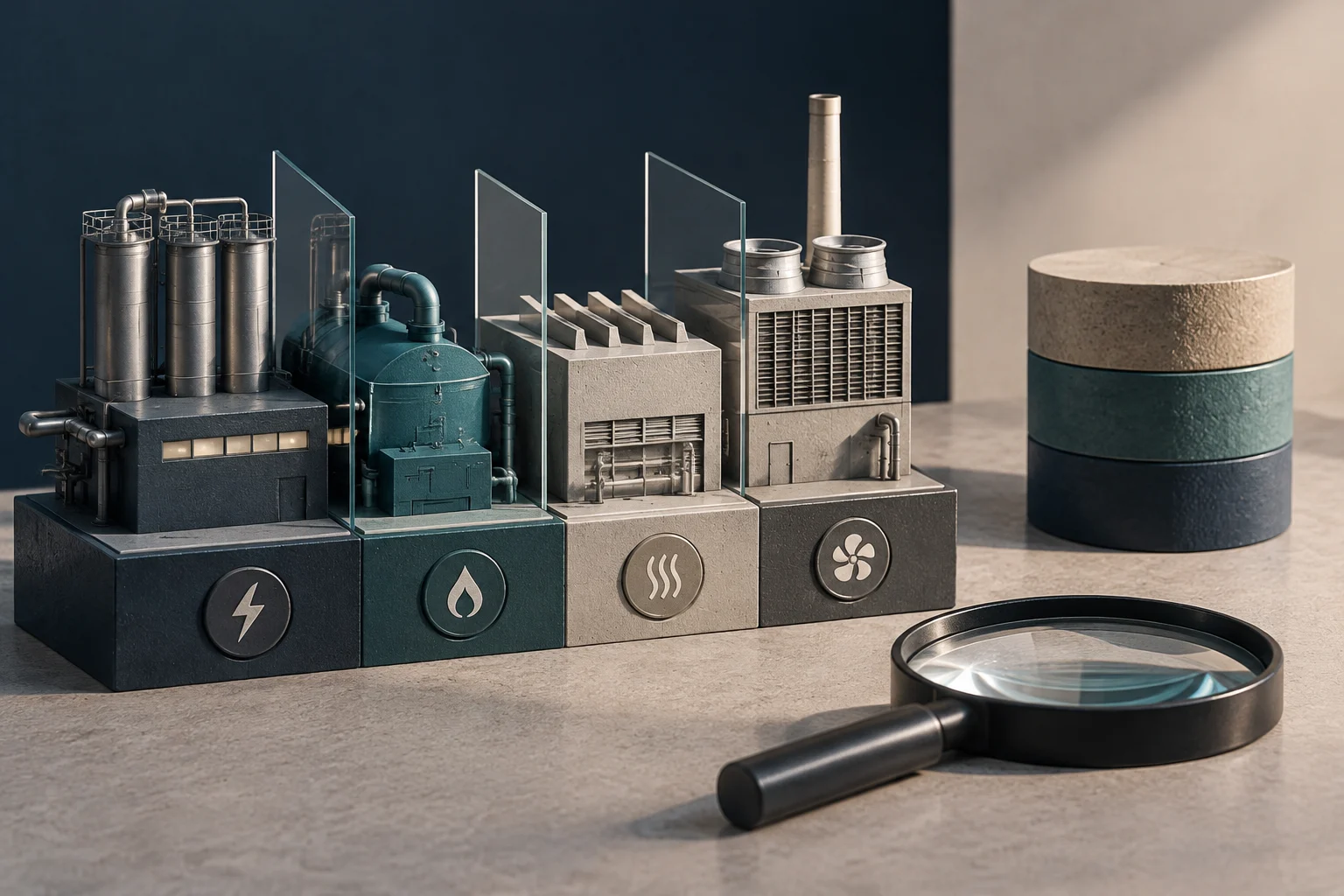 Several industrial machines sit on separate blocks marked with symbols for electricity, gas, heat, and ventilation; a magnifying glass is in the foreground.