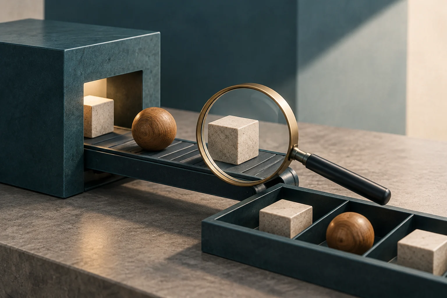 A conveyor belt moves cubes and spheres toward a tray; a magnifying glass frames one of the cubes.