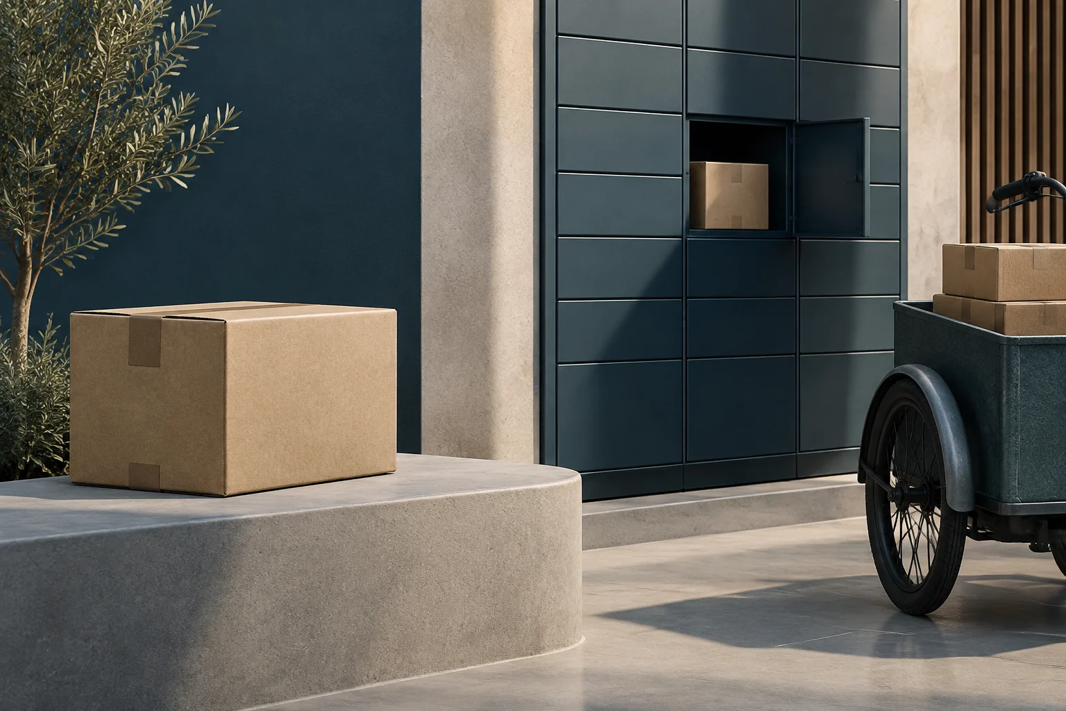 Parcel collection lockers with one door open and a box inside; more boxes sit on a bench and in the cargo box of a bicycle.